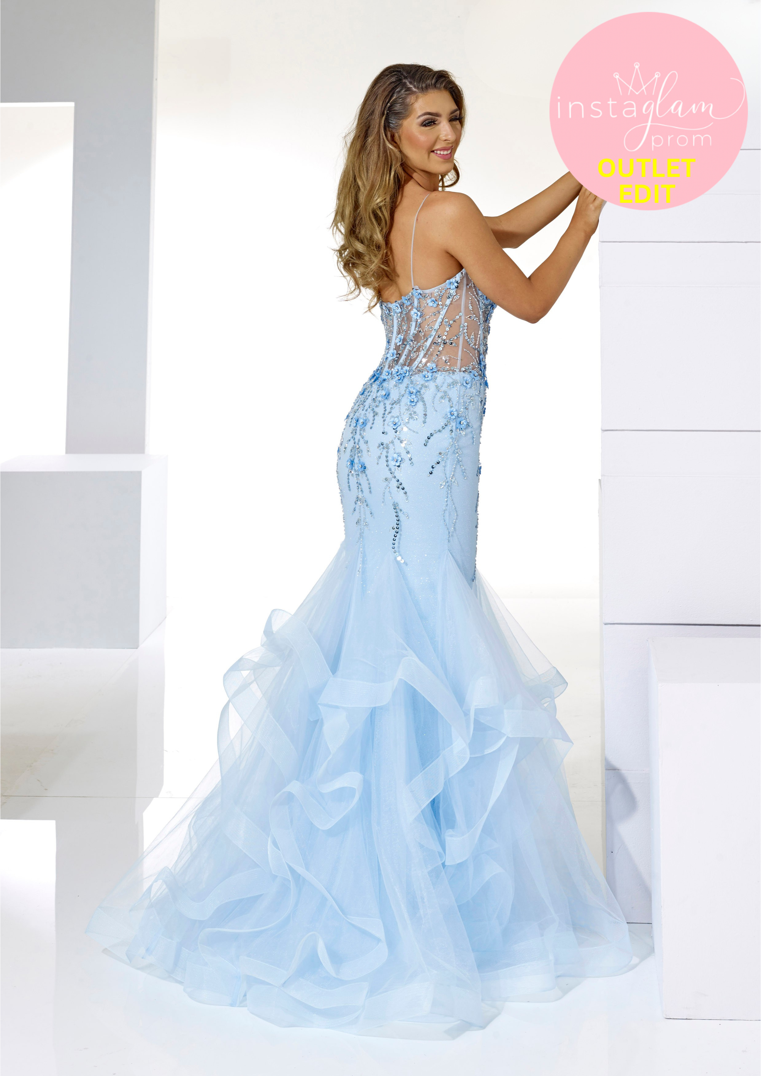 Aline ruffled fishtail prom dress with boned sheer bodice and leg split- Style AF21401