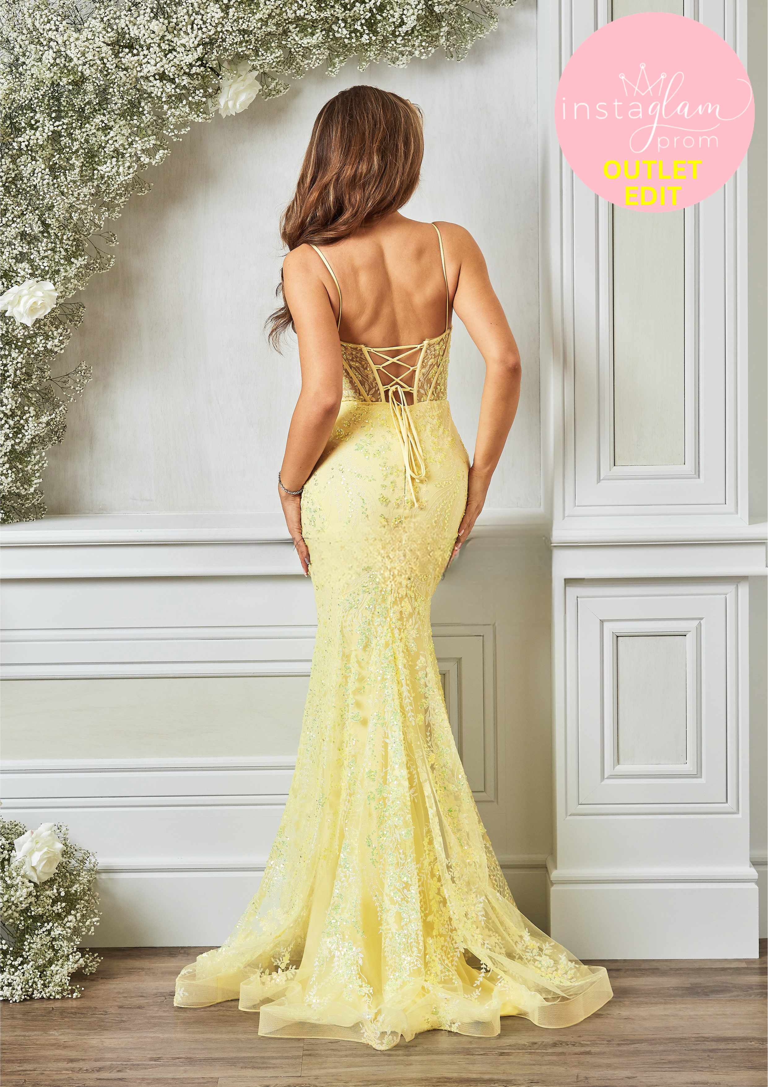 Fishtail prom / evening dress with boned sheer bodice, corset back and leg split- Style AF5448