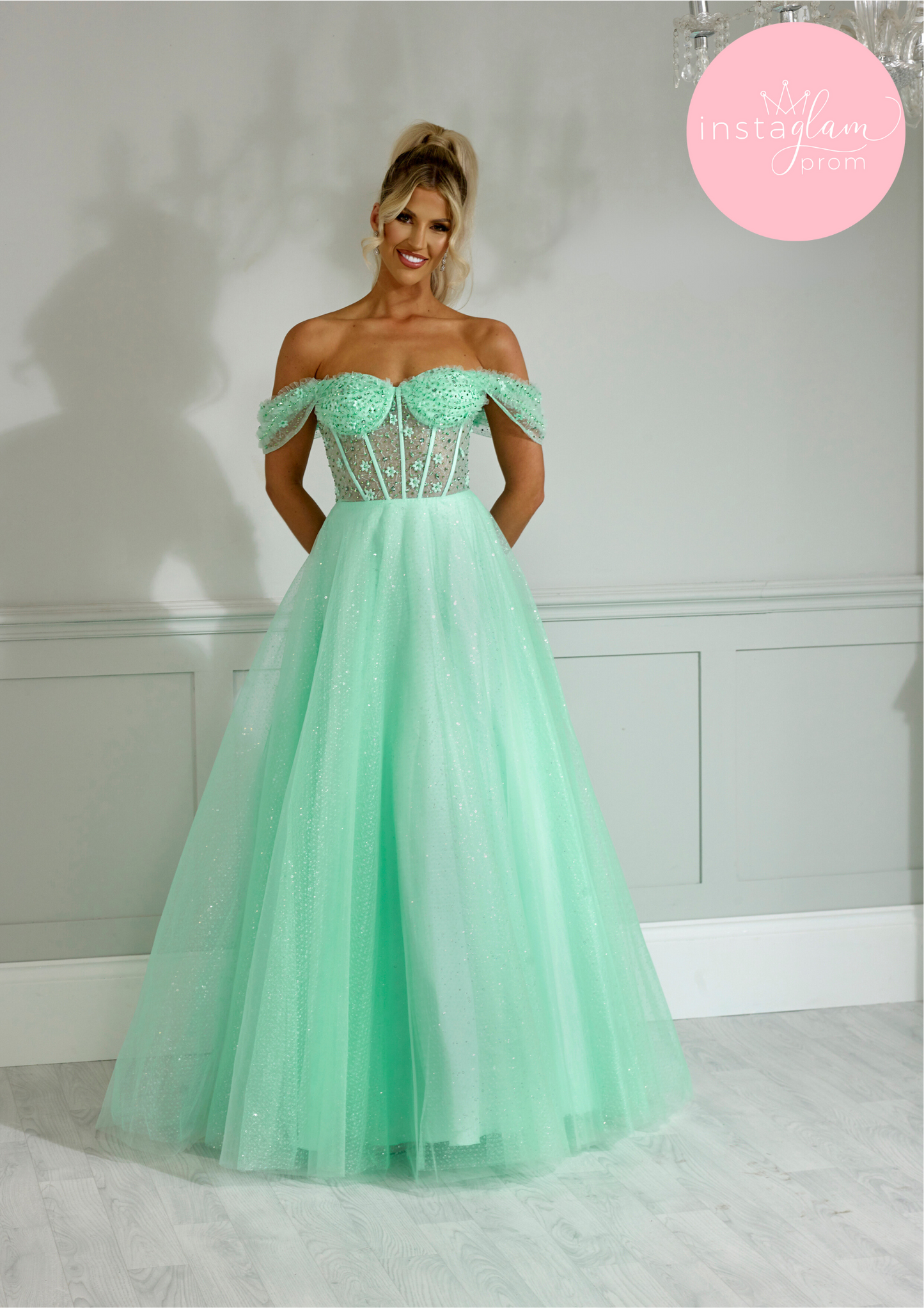 Off the shoulder glitter ballgown with flower detail prom/ evening dress -AF2244