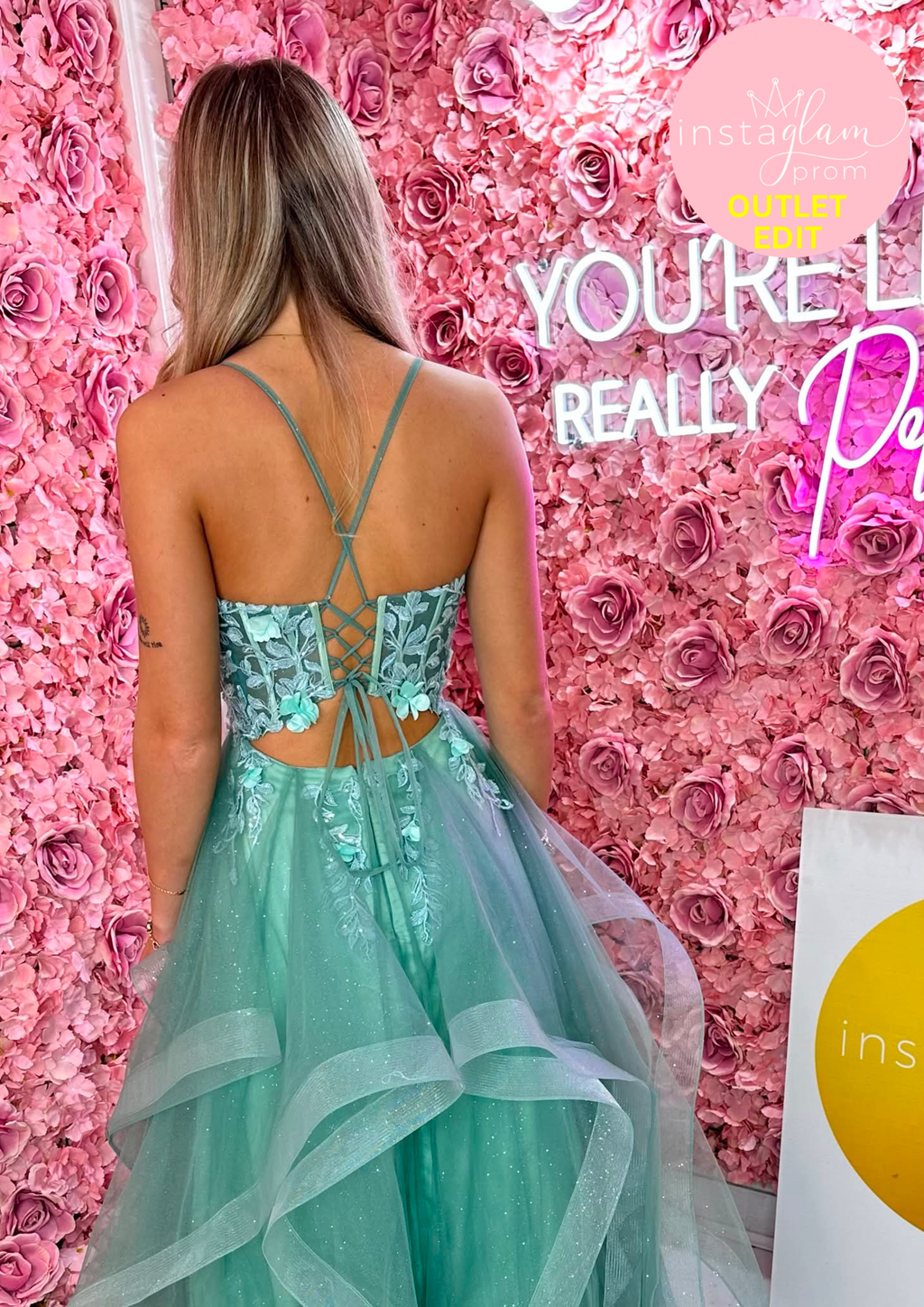 Ruffled ballgown prom / evening dress with boned sheer bodice, corset back and flower embellishments - Style E8158