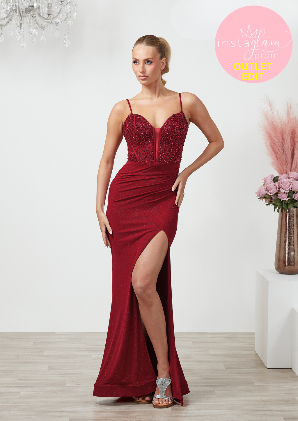 Fitted glitter fabric prom dress with boned beaded bodice, zip back and leg split- Style AF6487