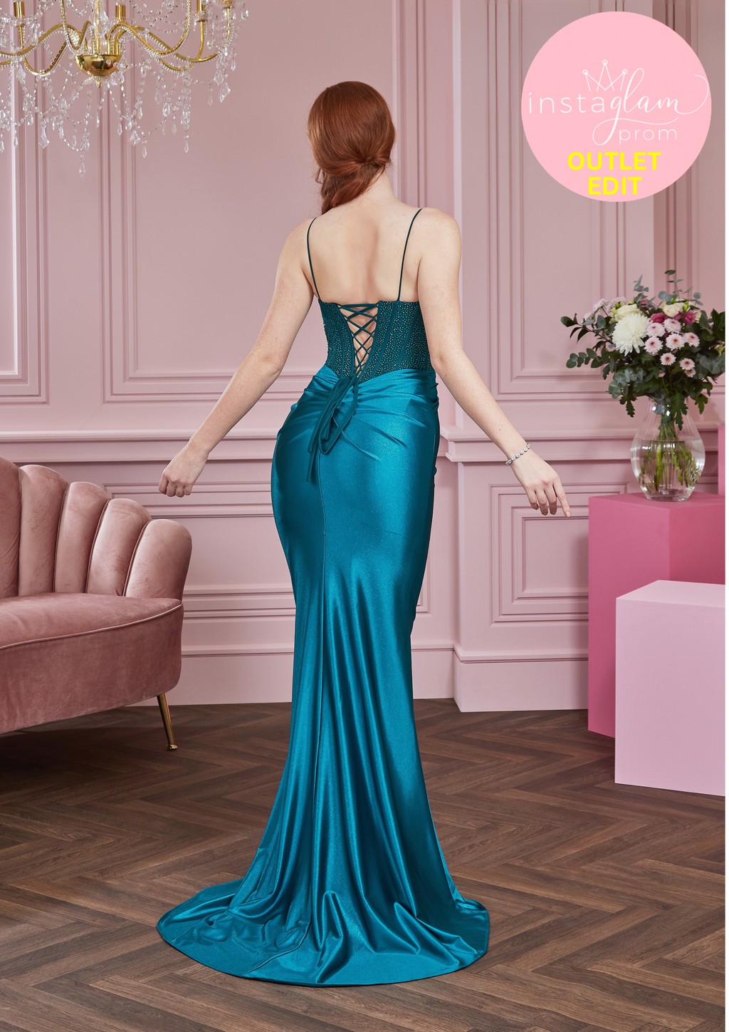 Fitted prom dress with boned beaded bodice, corset back and leg split- Style AF5511