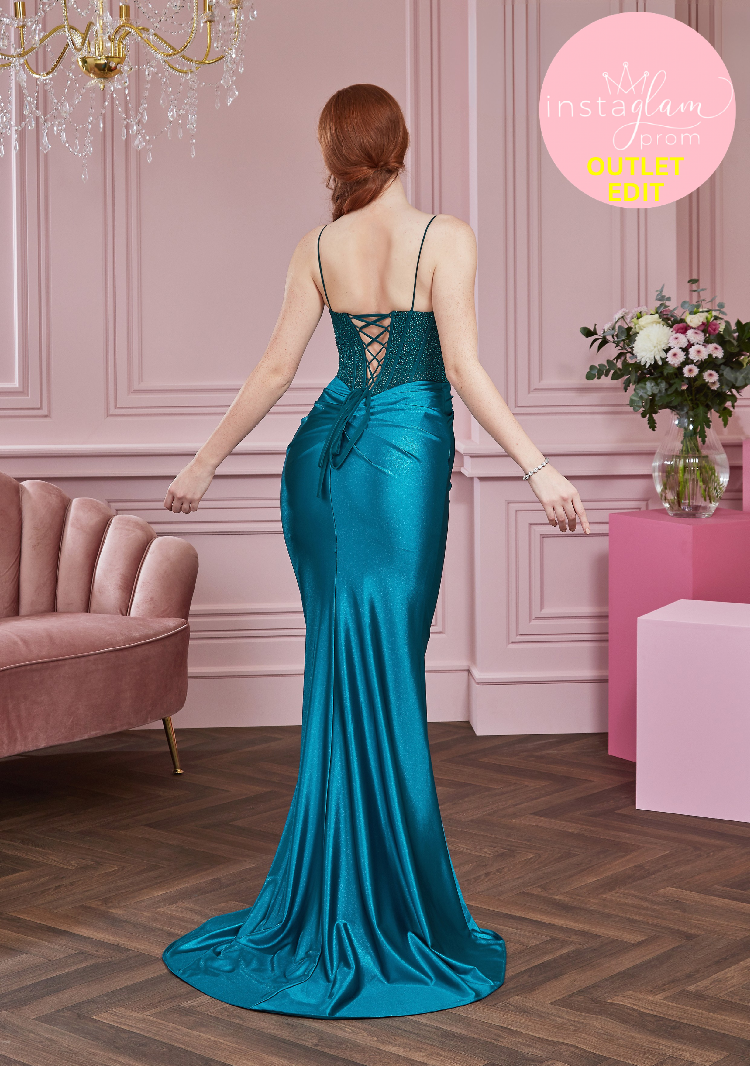 Fitted prom dress with boned beaded bodice, corset back and leg split- Style AF5511