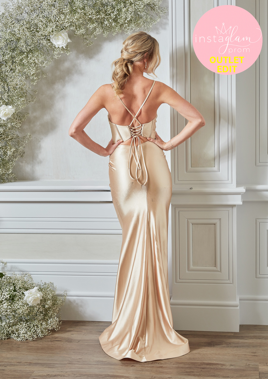 Fitted satin prom dress with boned bodice, corset back and leg split- Style AF5325