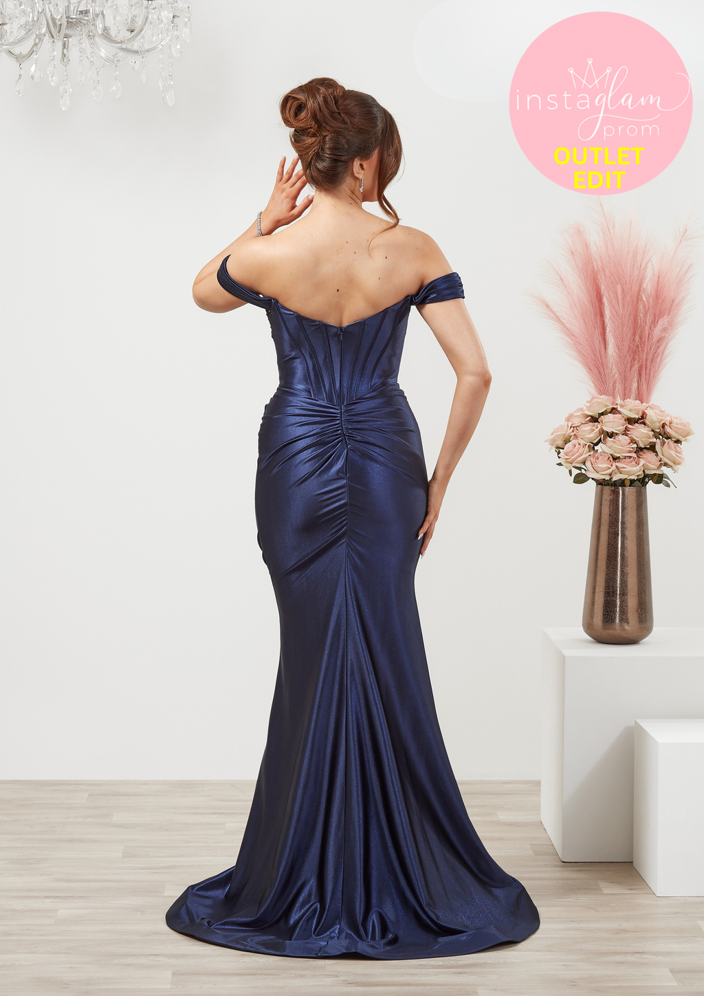 Fitted satin off the shoulder prom dress with boned bodice, zip back and leg split- Style AF6482
