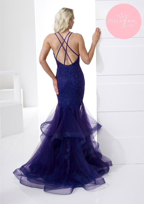 Mia round neck fishtail prom/ evening dress with lace detail and full ruffle skirt