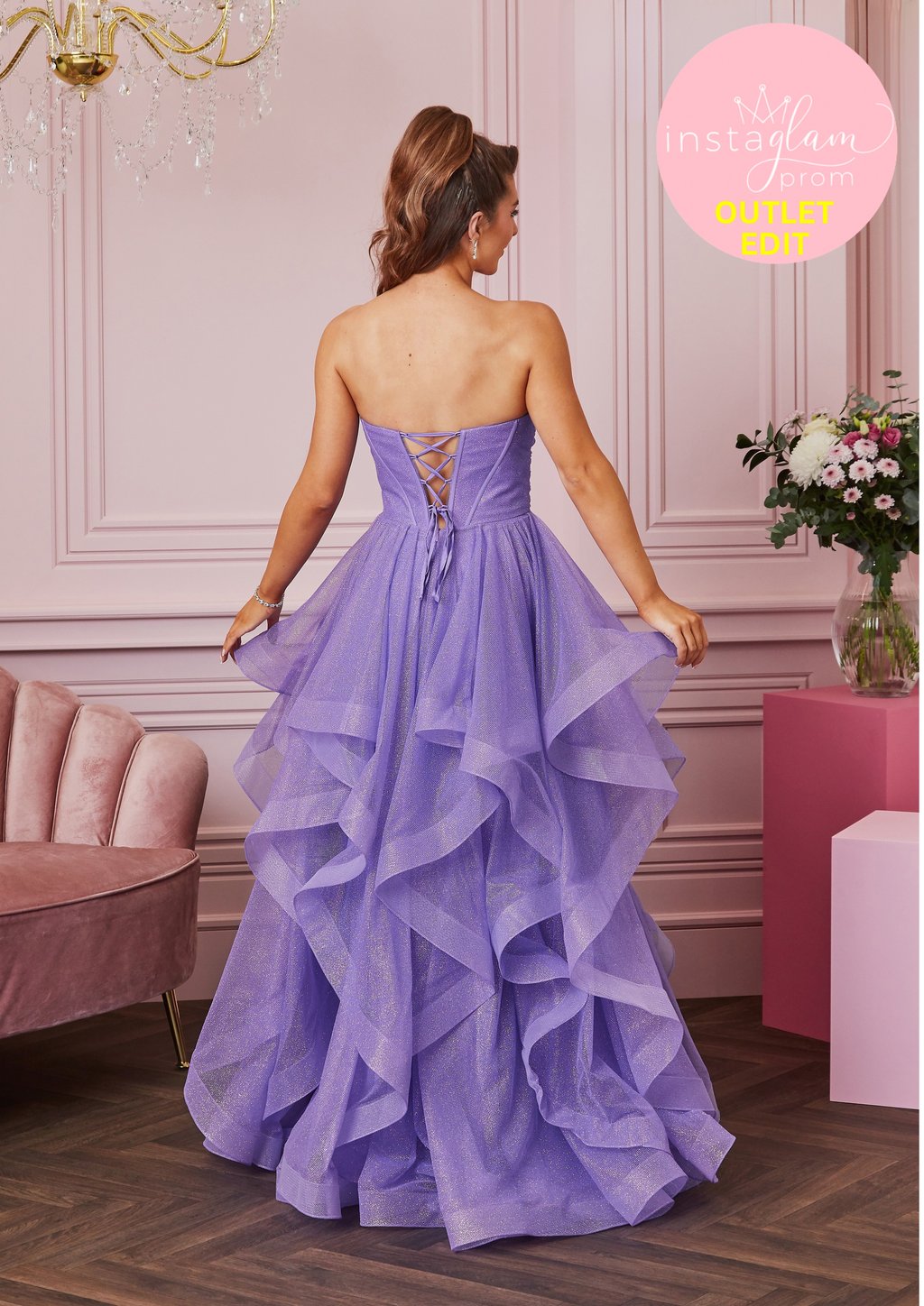 Ruffle ball gown Prom dress in glitter fabric with boned bodice and corset back- Style AF5419