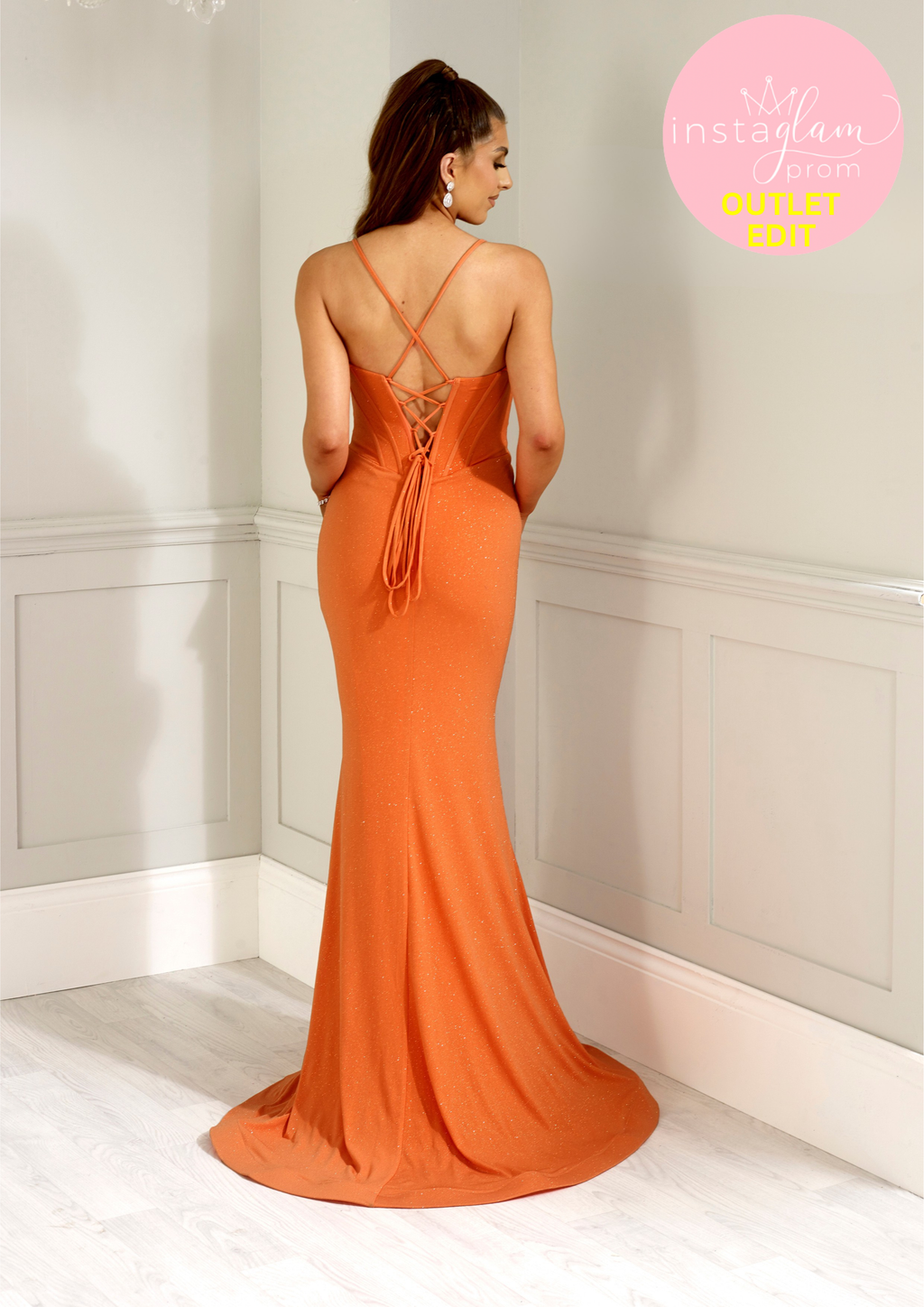 Fitted glitter fabric Prom / evening dress with leg split and corset back - Style AF5944