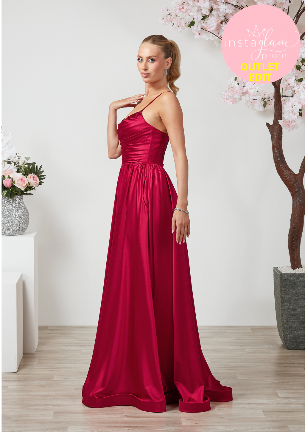 Aline satin Prom dress with round neck, boned bodice and leg split- Style AF6455