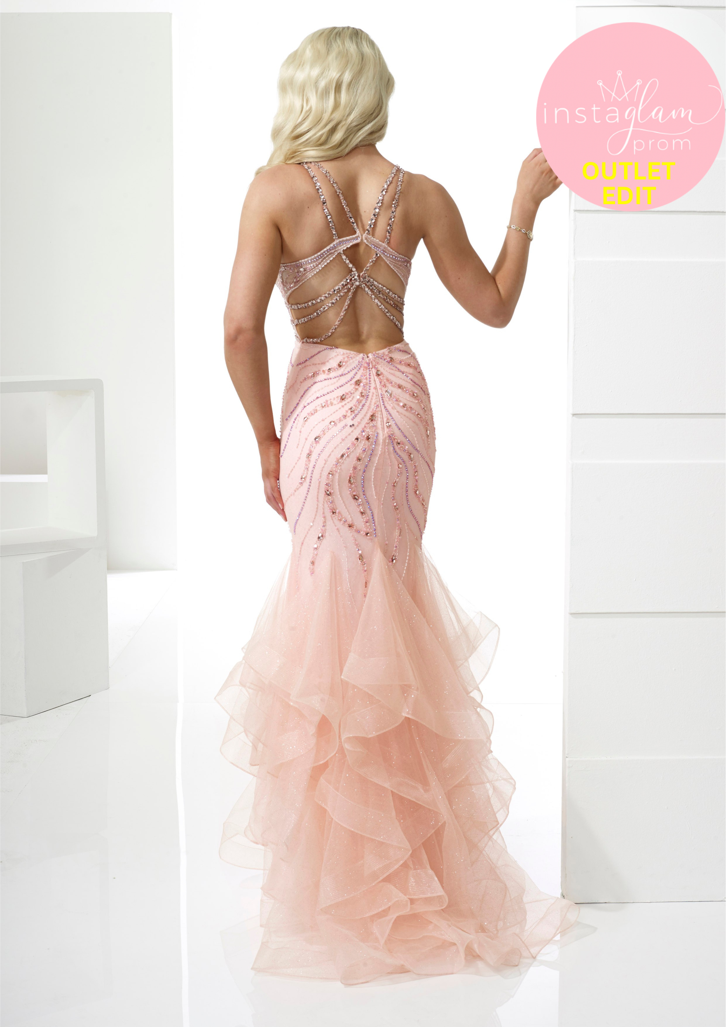 Ruffled Fishtail Prom dress with sheer bodice, beaded detail and statement back detail- Style AF21307