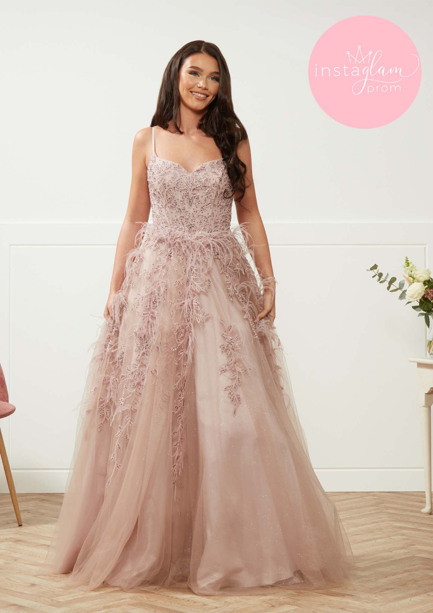 Feathered lace ballgown prom/ evening dress with corset back-style 4331