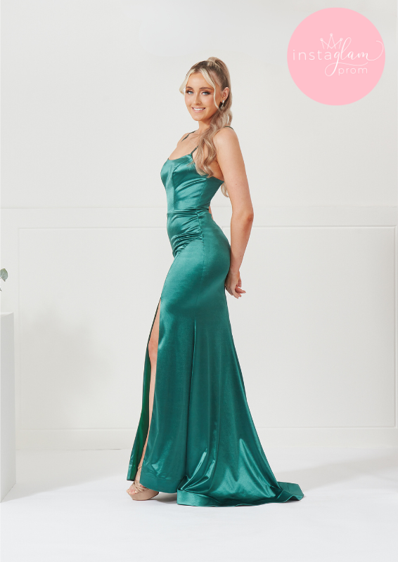 Satin fitted dress with leg split- style AF3310