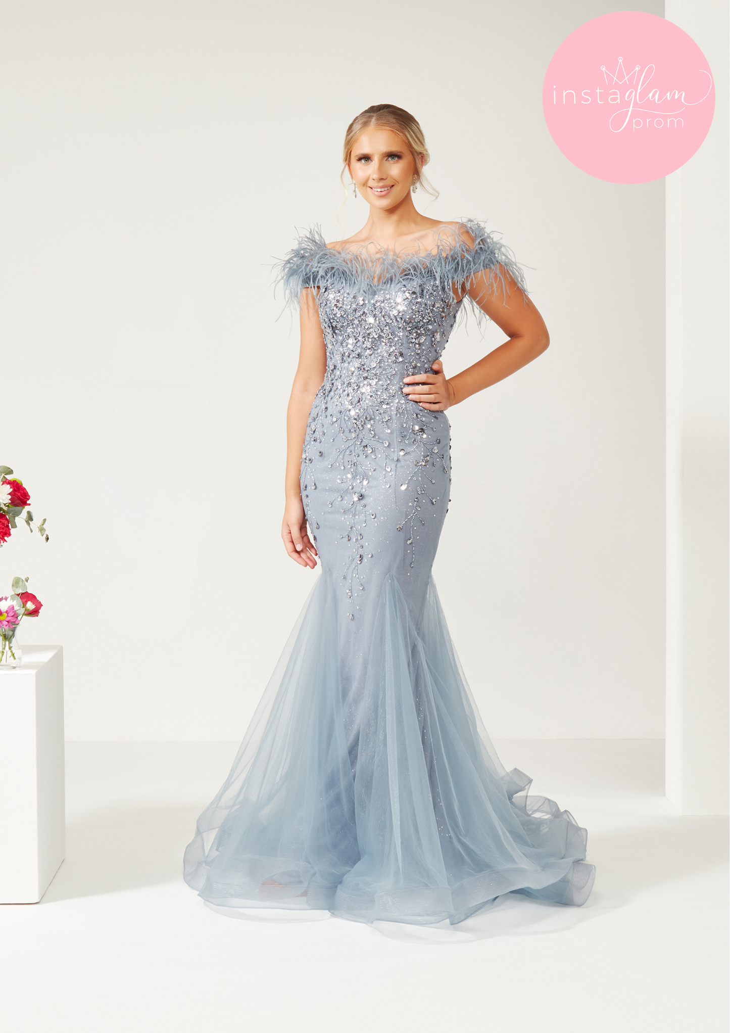 Off the shoulder beaded fishtail with feathers- style AF4306