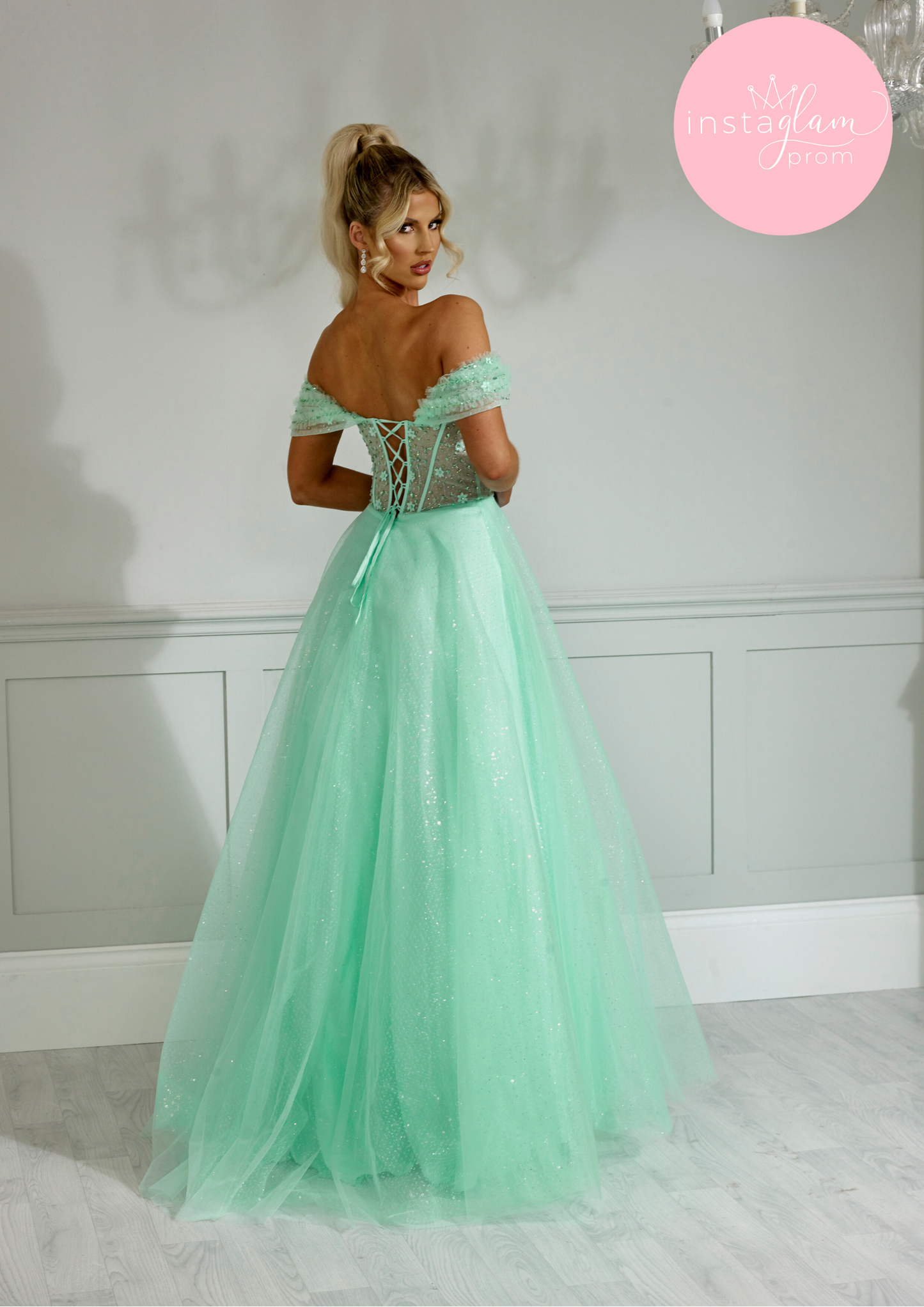 Off the shoulder glitter ballgown with flower detail prom/ evening dress -AF2244