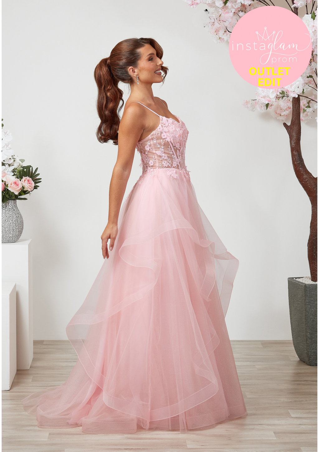Ruffled ballgown prom / evening dress with boned sheer bodice, flower embellishments and corset back- Style AF6412