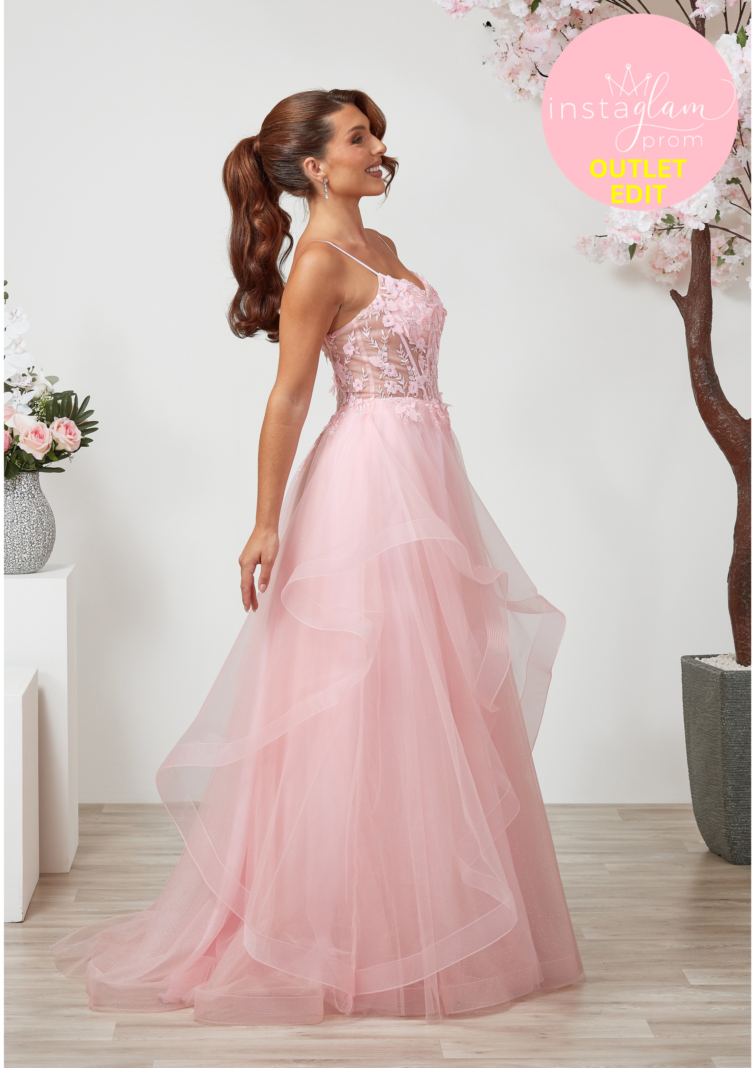 Ruffled ballgown prom / evening dress with boned sheer bodice, flower embellishments and corset back- Style AF6412