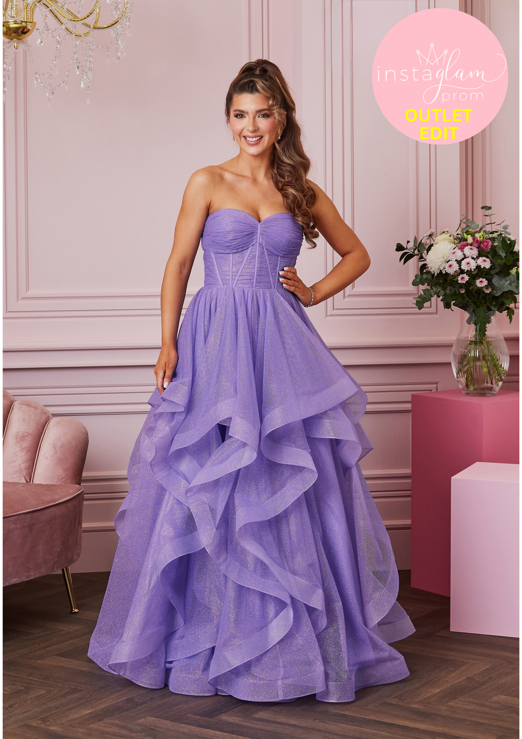 Ruffle ball gown Prom dress in glitter fabric with boned bodice and corset back- Style AF5419