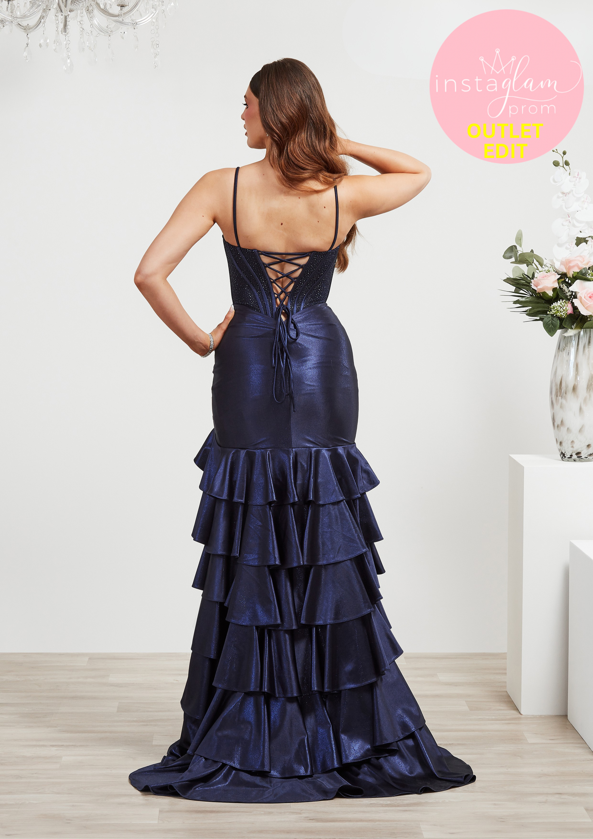 Satin fitted prom dress with ruffled leg split- Style AF6302