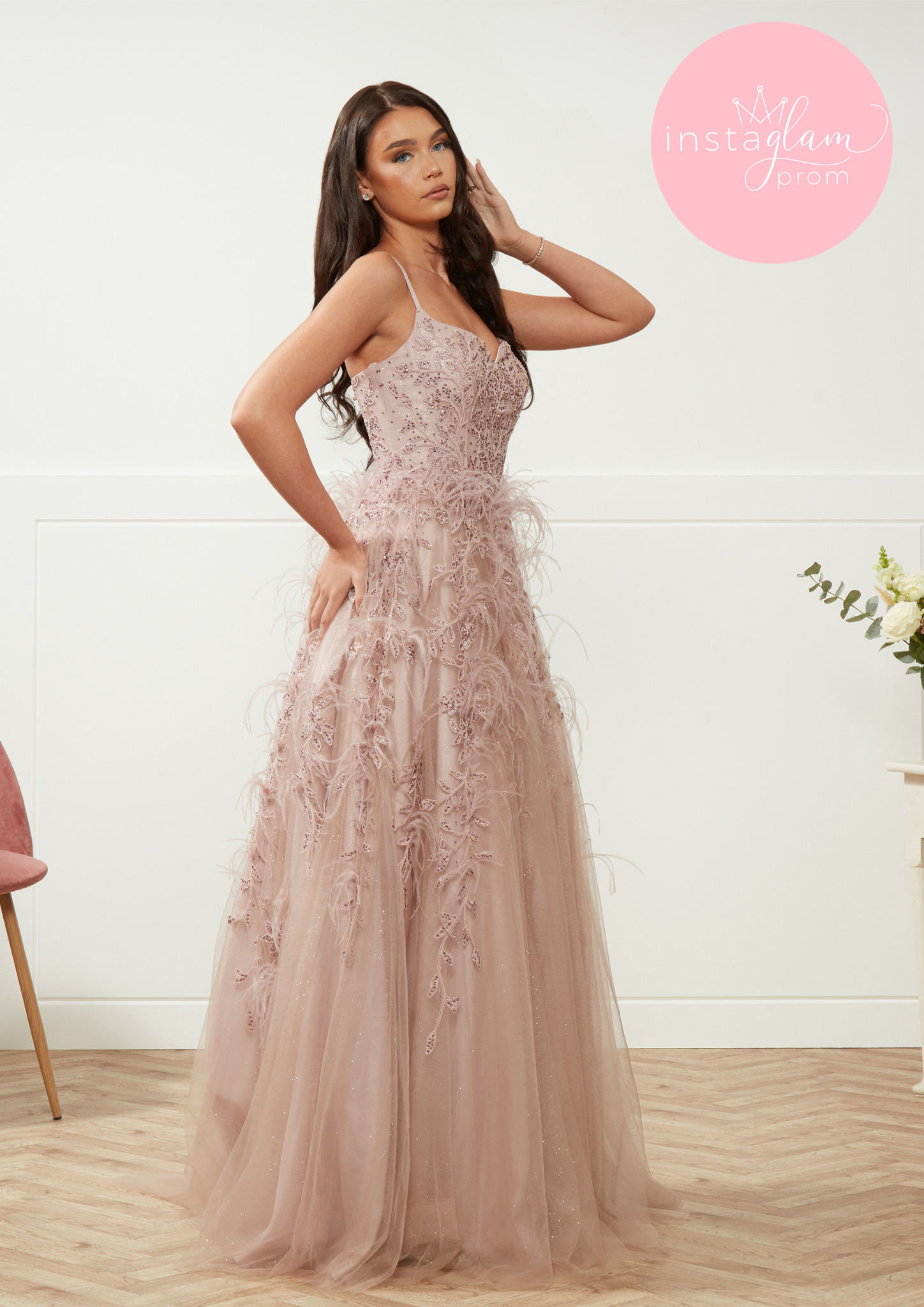 Feathered lace ballgown prom/ evening dress with corset back-style 4331