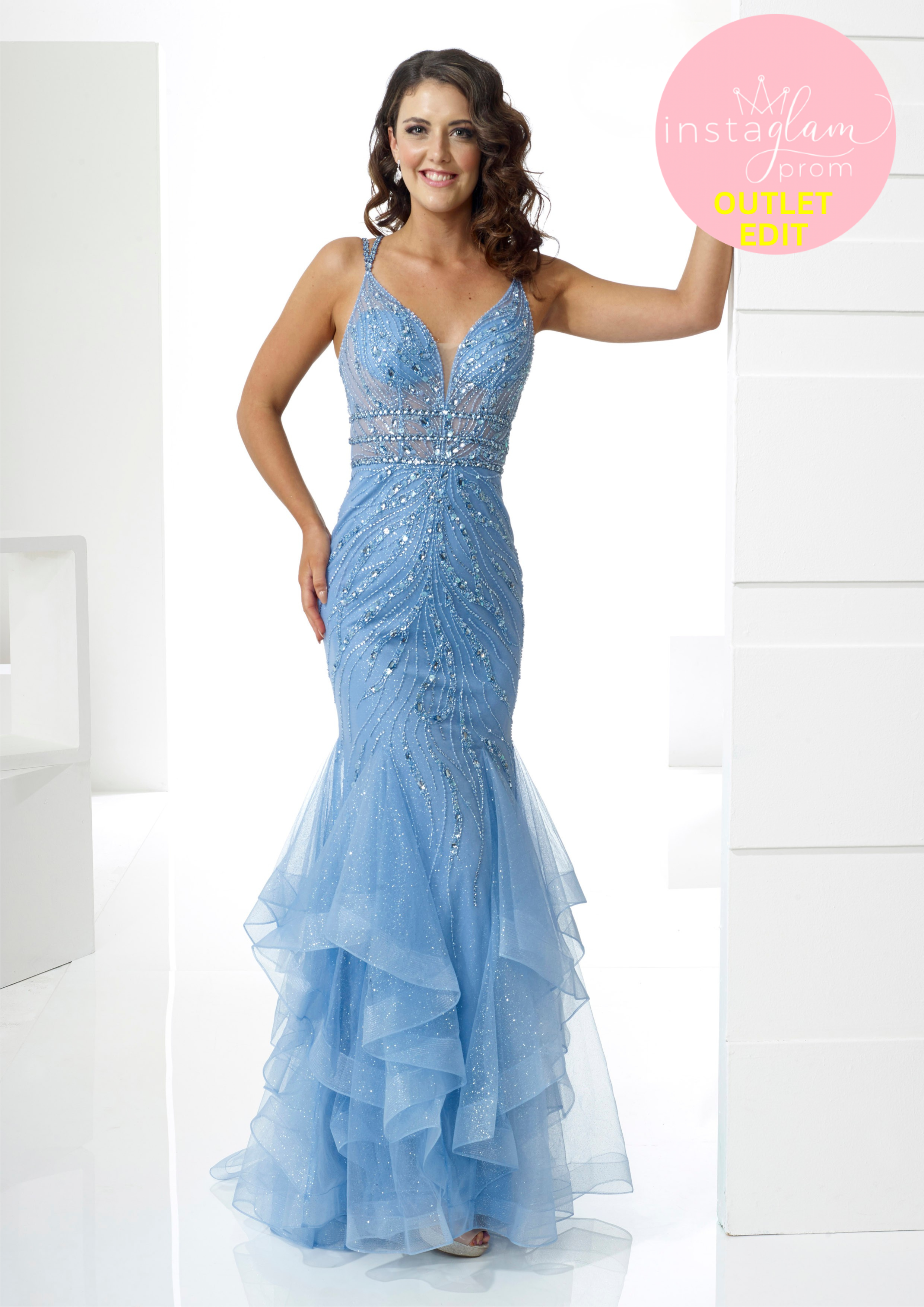 Ruffled Fishtail Prom dress with sheer bodice, beaded detail and statement back detail- Style AF21307