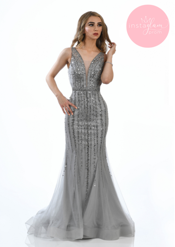 Fitted silver fishtail prom/ evening dress-AF20435