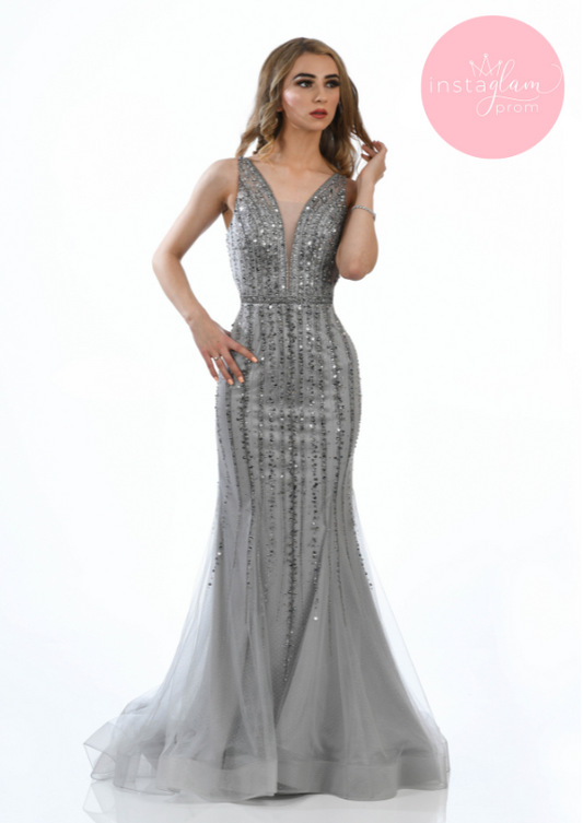 Fitted silver fishtail prom/ evening dress-AF20435