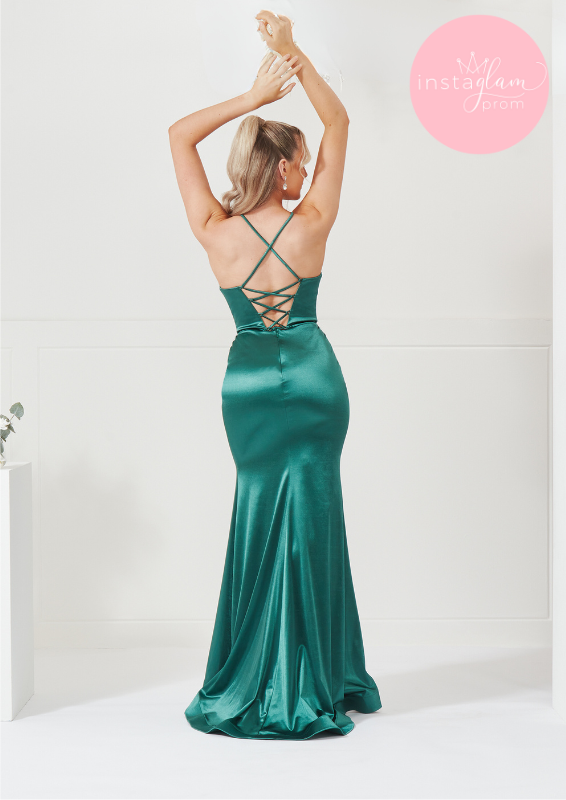 Satin fitted dress with leg split- style AF3310