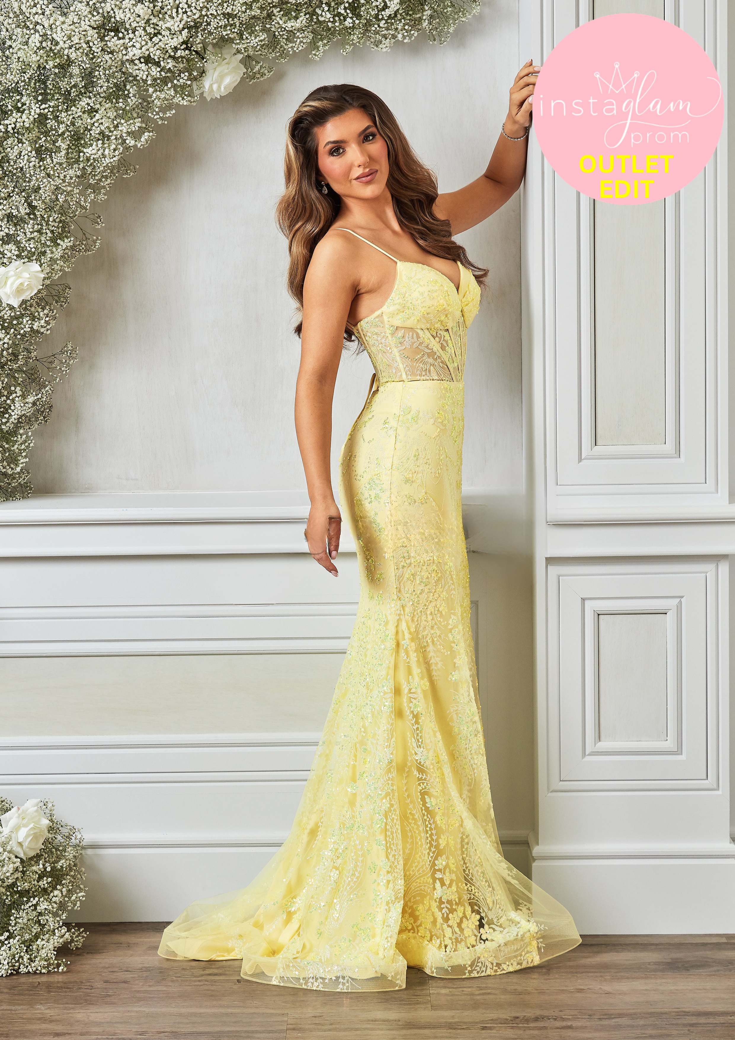 Fishtail prom / evening dress with boned sheer bodice, corset back and leg split- Style AF5448