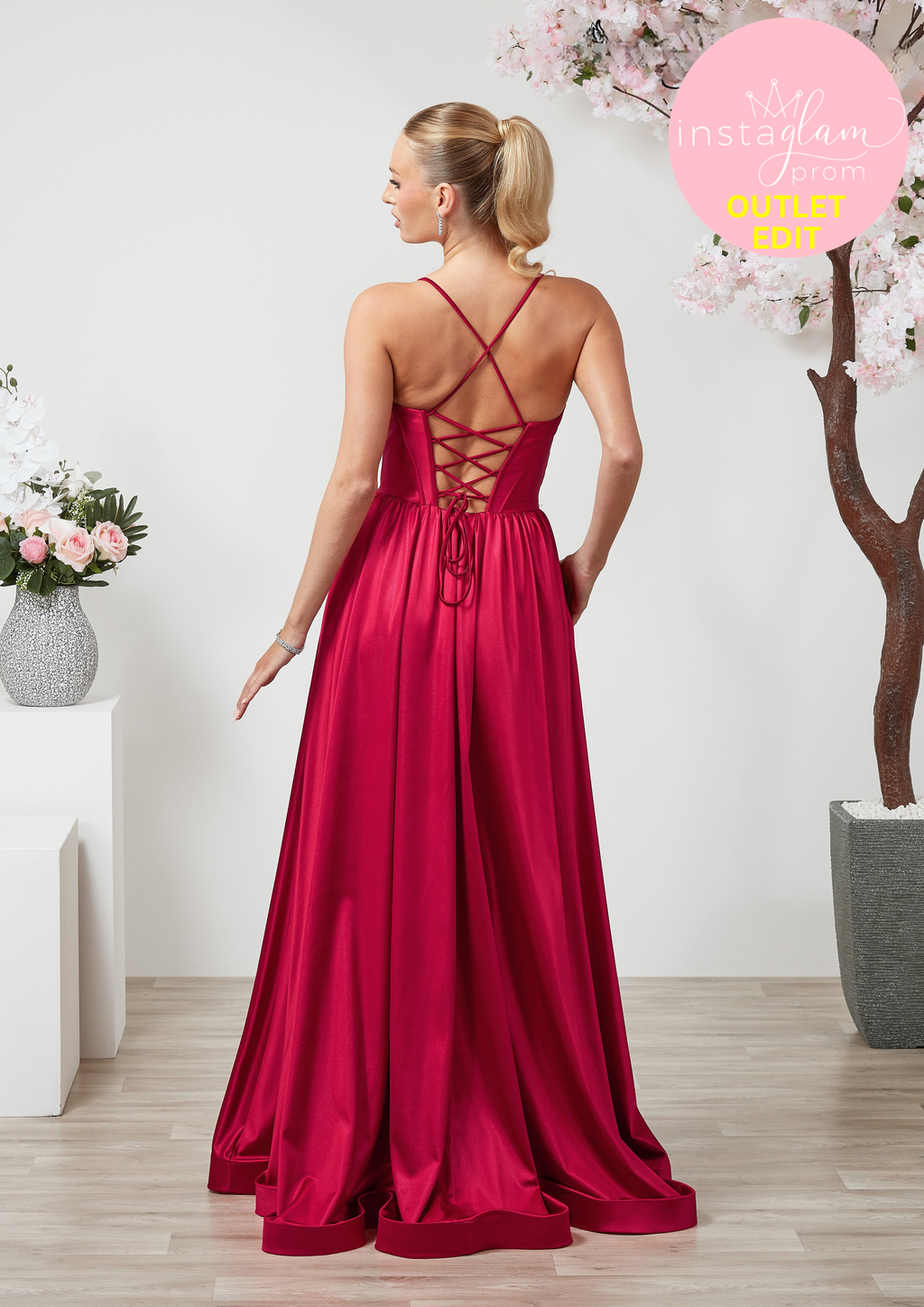 Aline satin Prom dress with round neck, boned bodice and leg split- Style AF6455