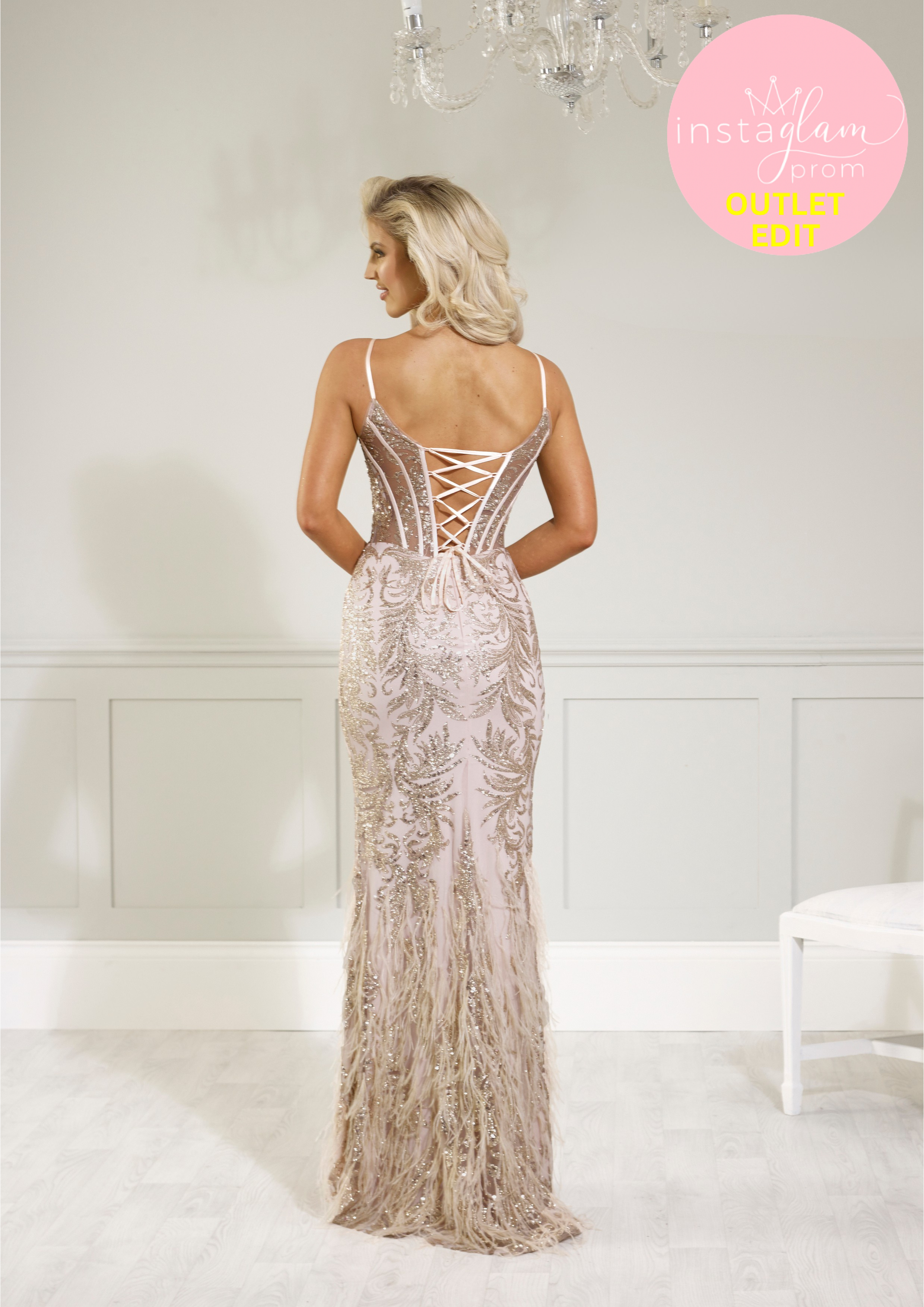 Fitted fishtail Prom / evening dress with boned sheer bodice and feathered detail- Style AF0744