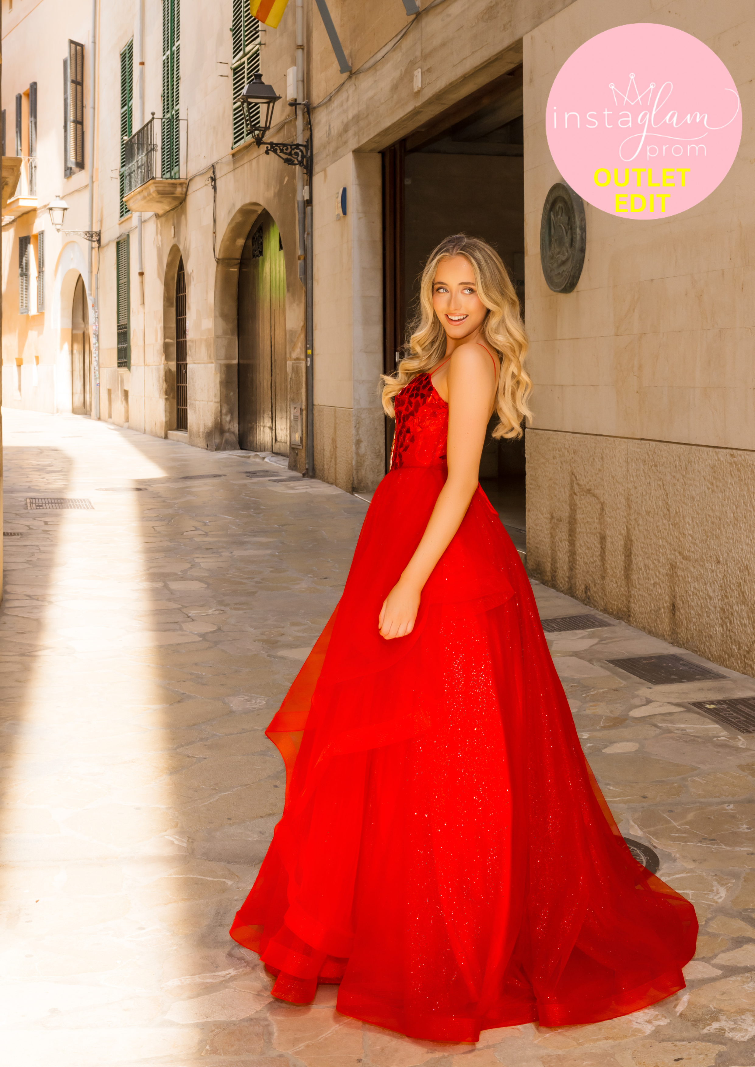 Ruffled ballgown prom/ evening dress with mirror tile detail and corset back- Style AF6496