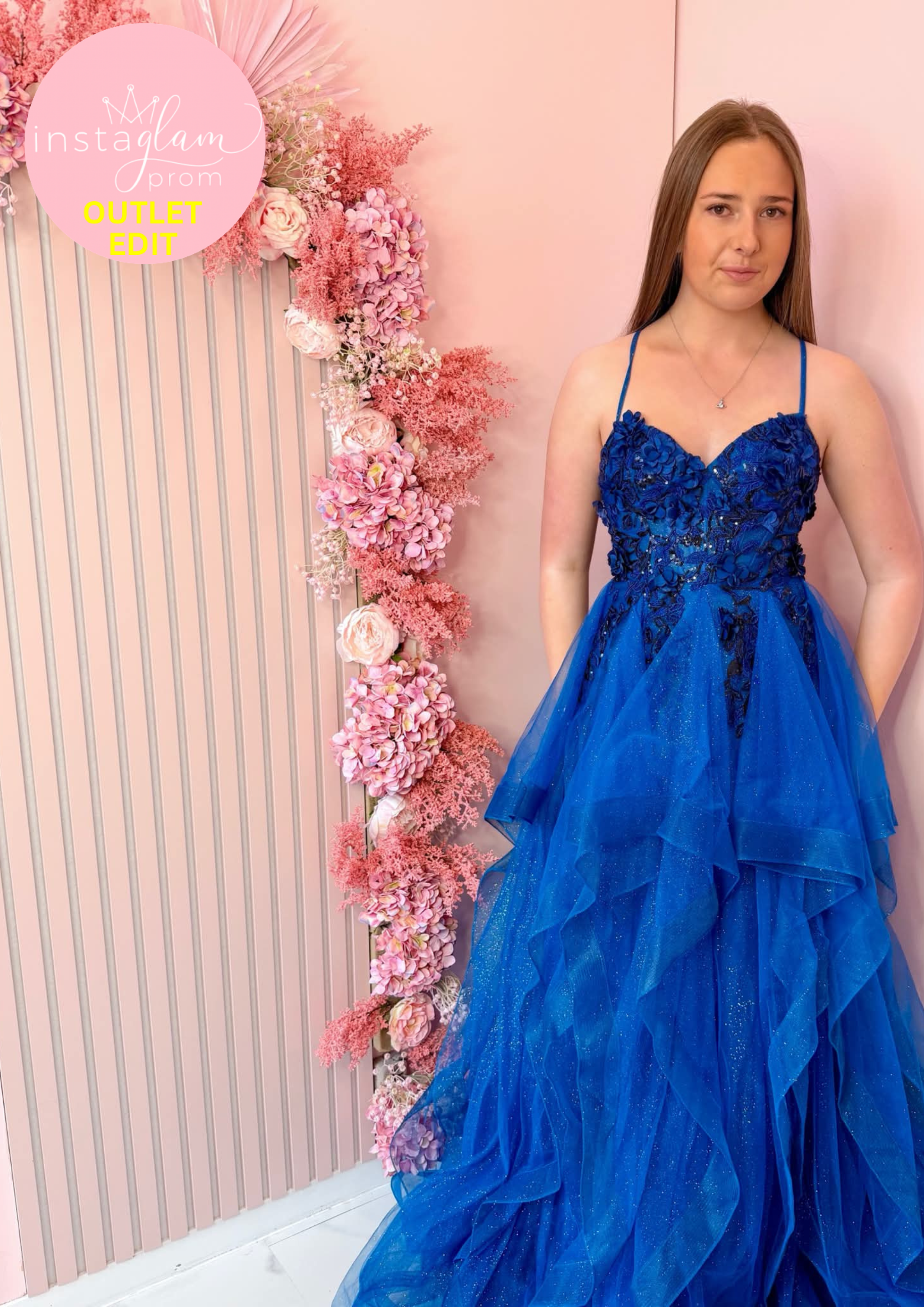 Ruffled ballgown prom / evening dress with boned sheer bodice, corset back and flower embellishments - Style E8158