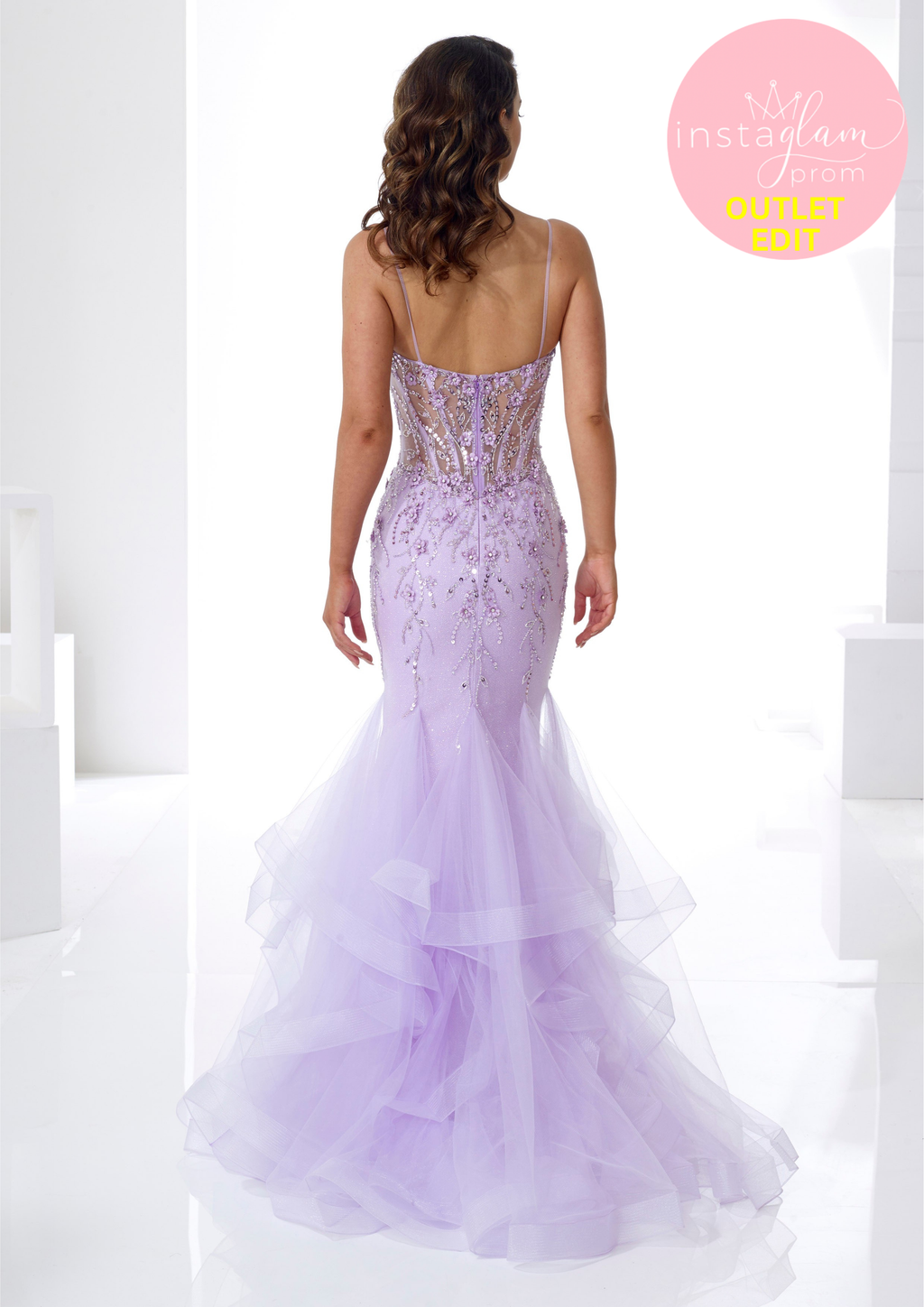 Aline ruffled fishtail prom dress with boned sheer bodice and leg split- Style AF21401