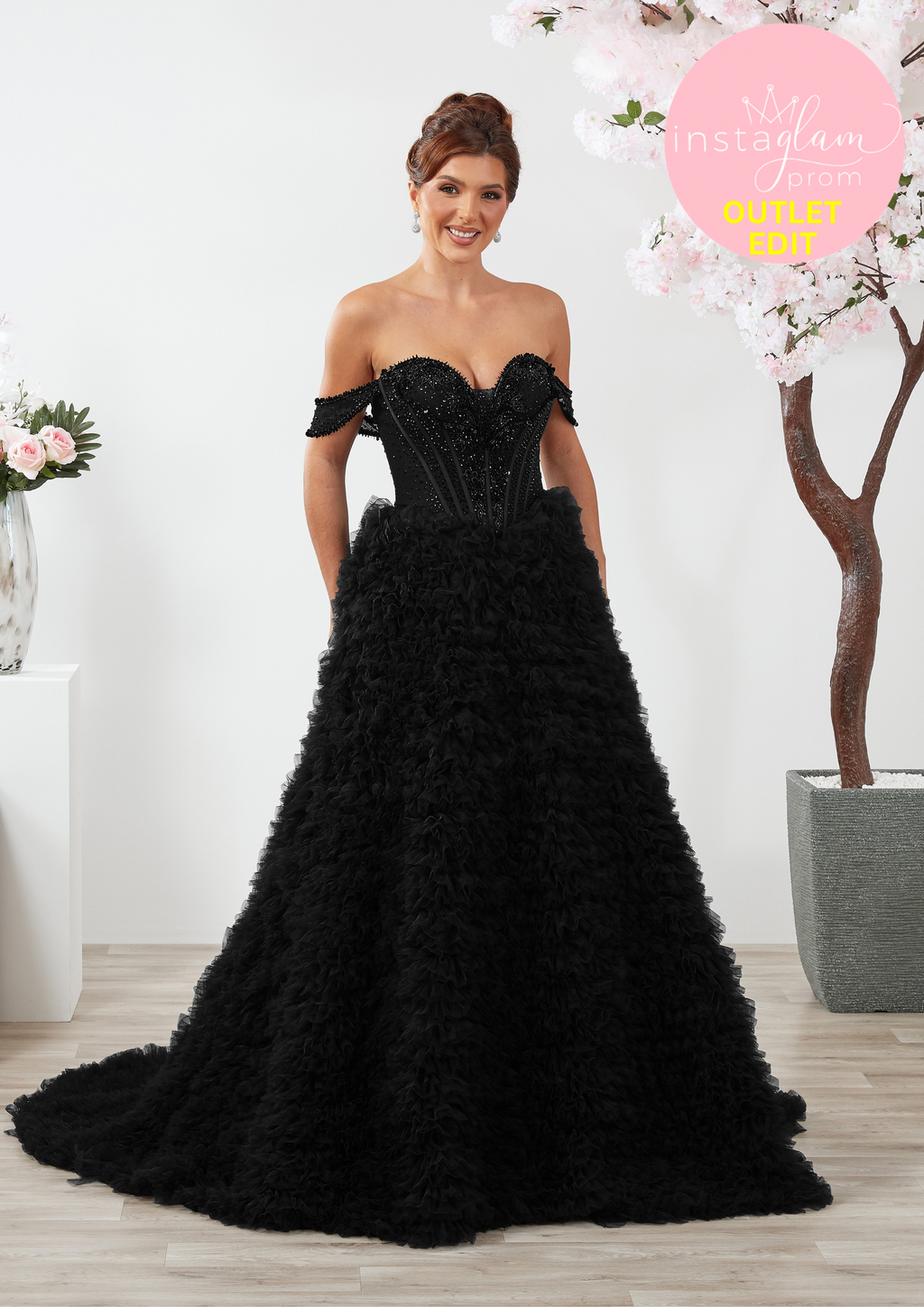 Ruffled Aline Prom dress with off the shoulder straps and boned sheer bodice - Style AF6666