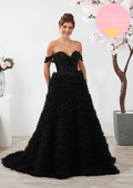 Ruffled Aline Prom dress with off the shoulder straps and boned sheer bodice - Style AF6666