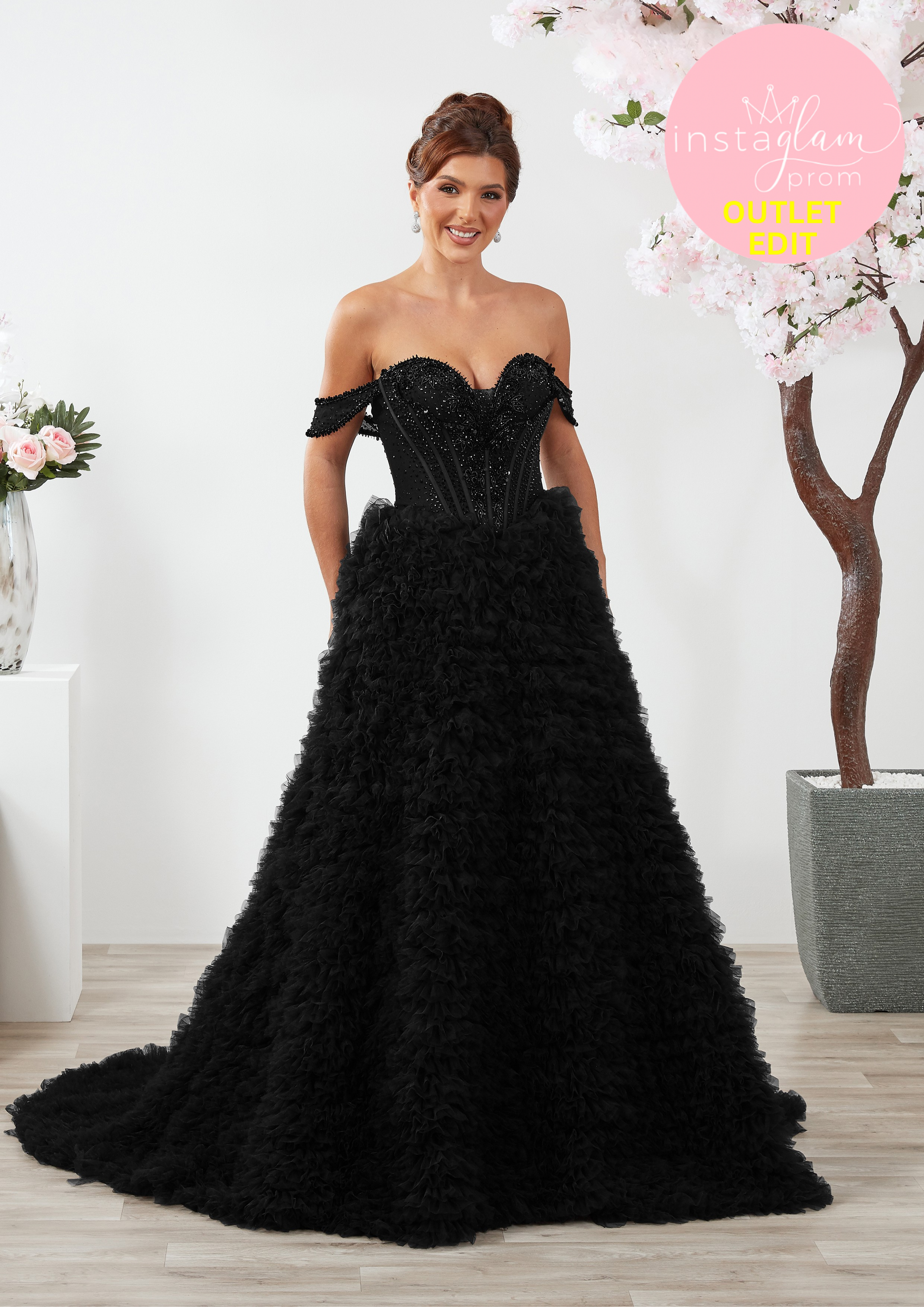 Ruffled Aline Prom dress with off the shoulder straps and boned sheer bodice - Style AF6666