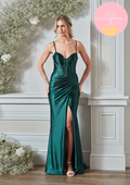 Fitted satin prom dress with boned bodice, corset back and leg split- Style AF5325