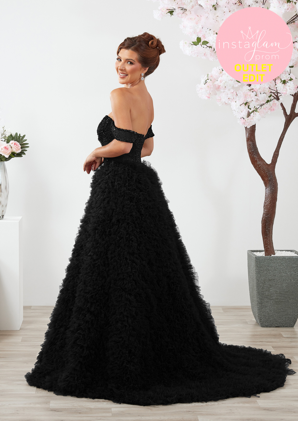 Ruffled Aline Prom dress with off the shoulder straps and boned sheer bodice - Style AF6666