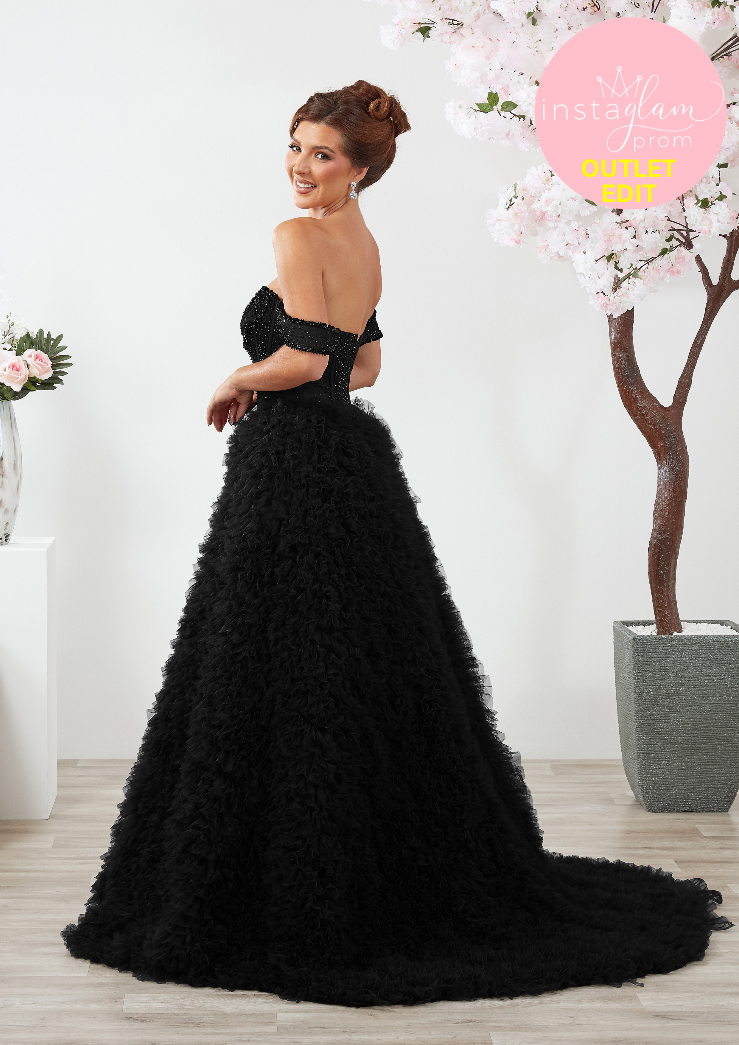 Ruffled Aline Prom dress with off the shoulder straps and boned sheer bodice - Style AF6666