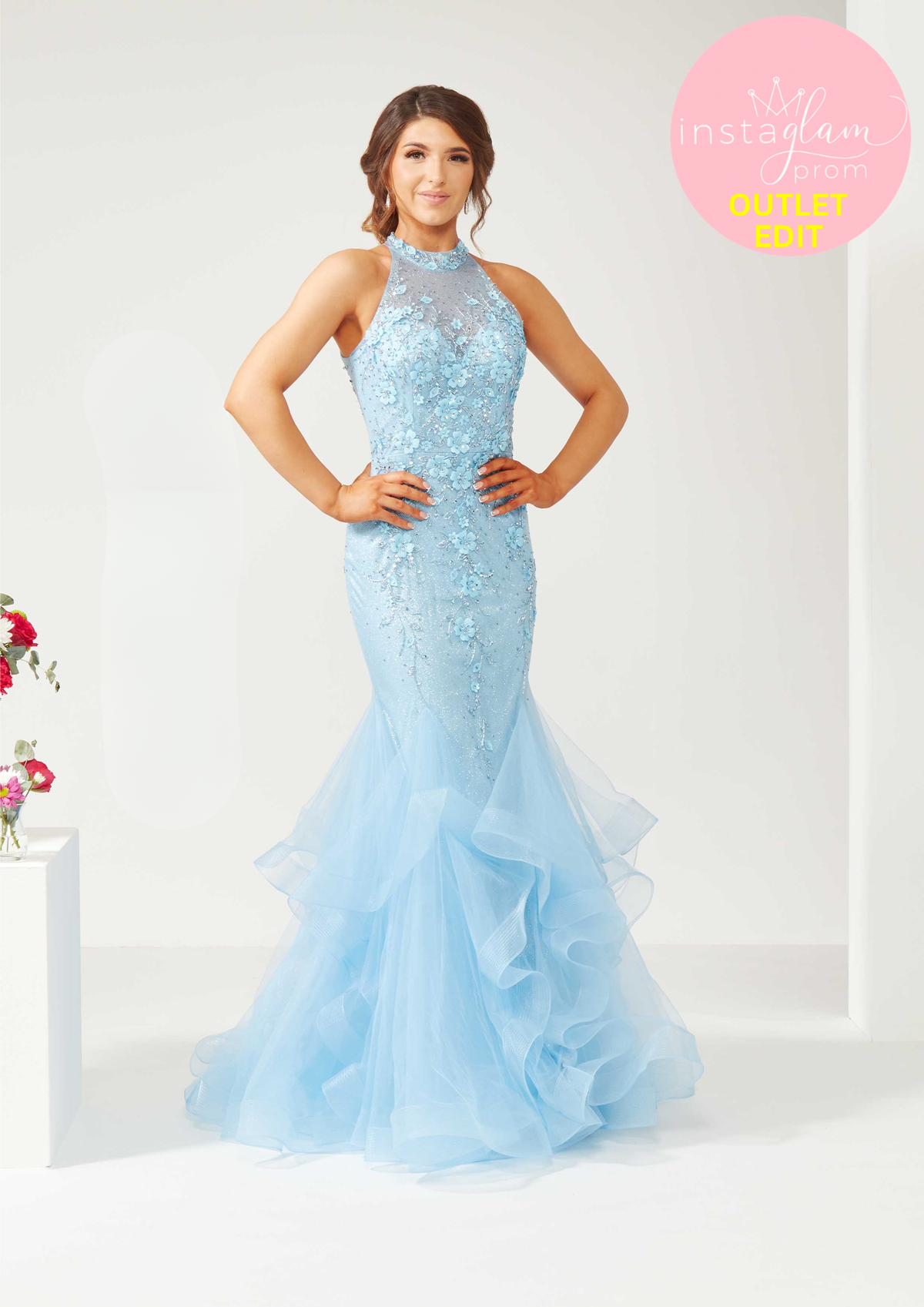 Fishtail Tulle Prom Dress- High Neck and Flower Detail- Style AF4305