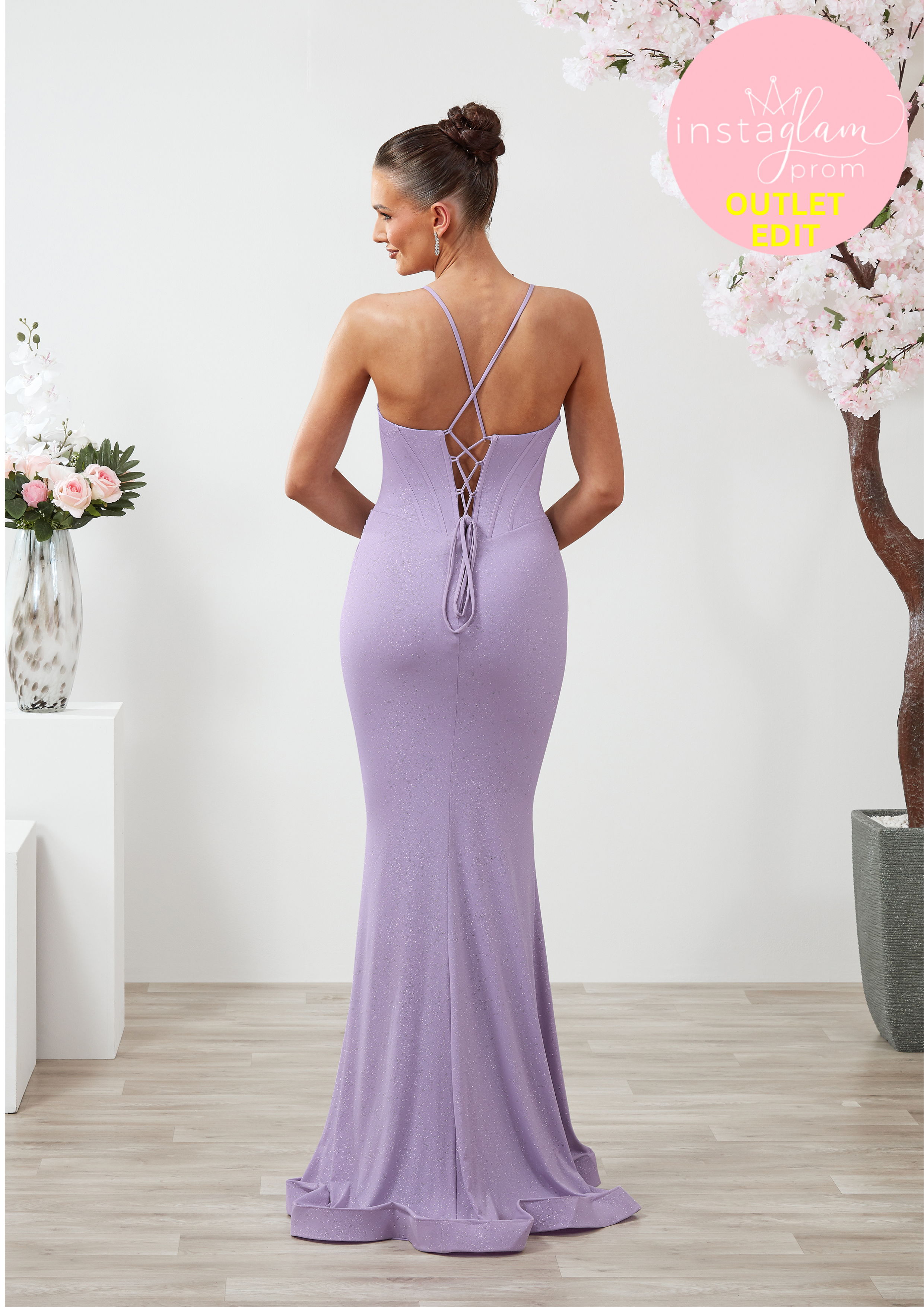 Fitted glitter fabric Prom / evening dress with leg split and corset back - Style AF5944