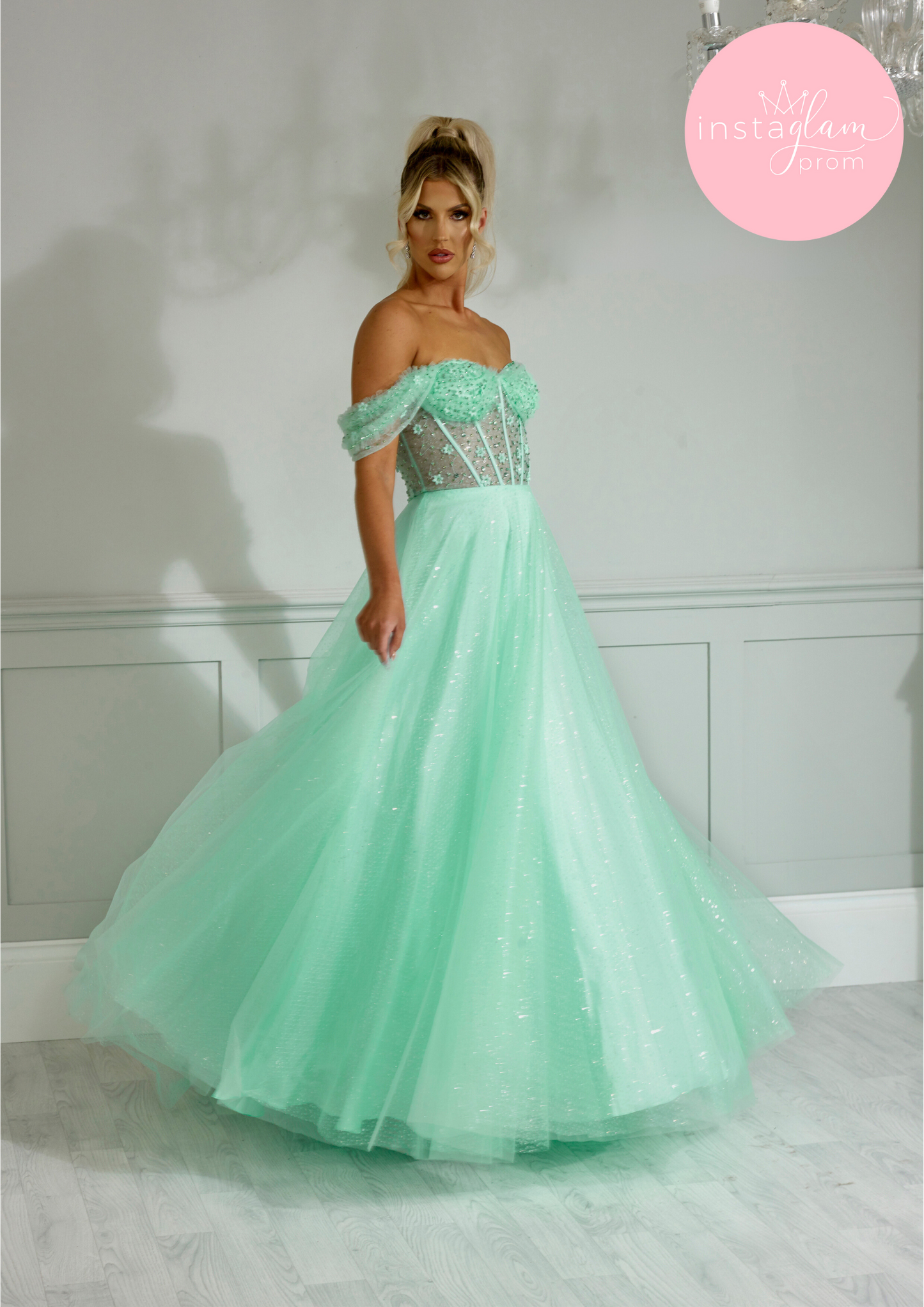 Off the shoulder glitter ballgown with flower detail prom/ evening dress -AF2244