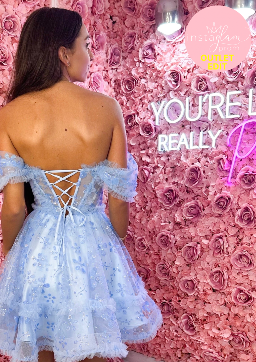 Short dress with off the shoulder straps corset back- Style AF1404-S