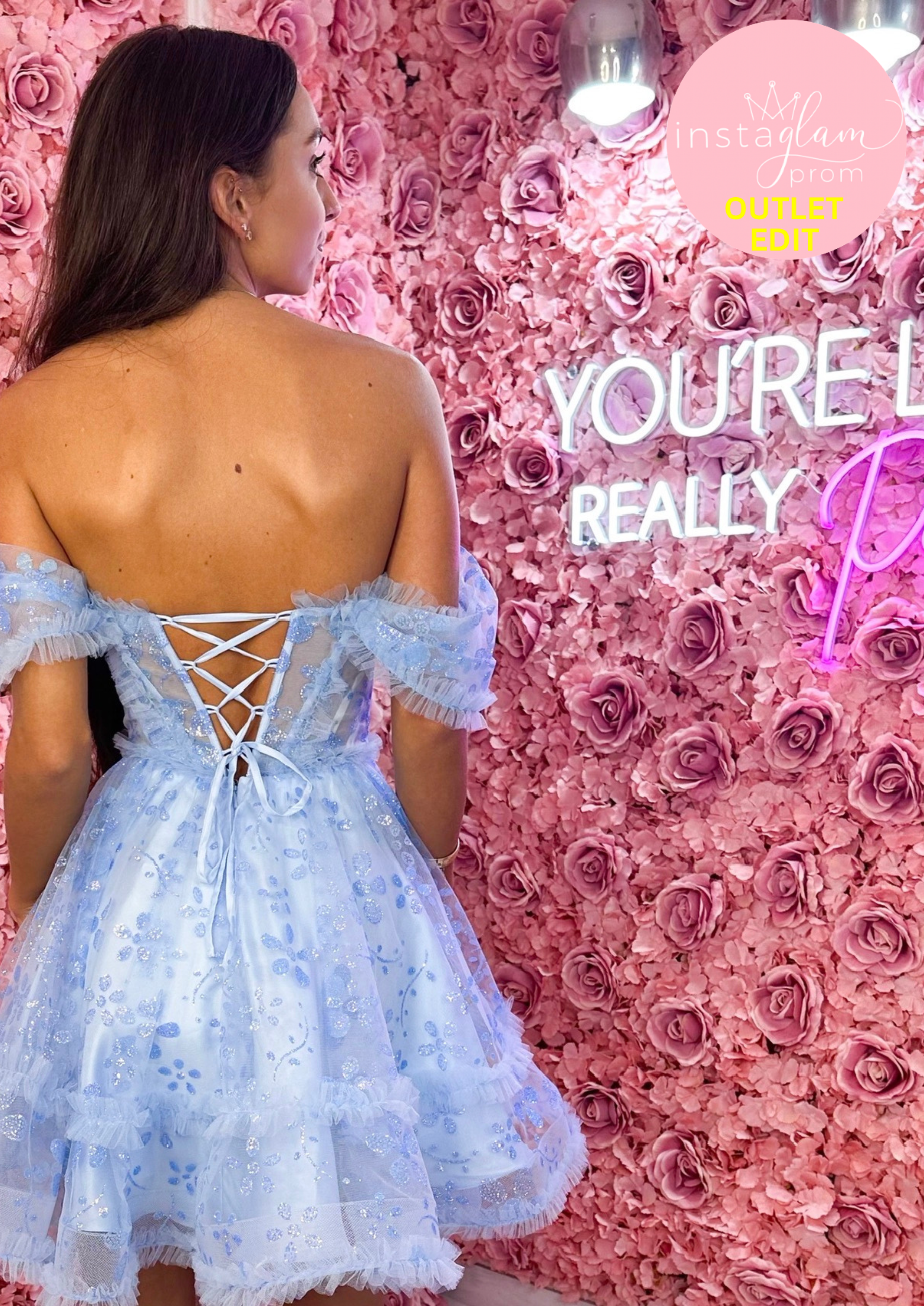 Short dress with off the shoulder straps corset back- Style AF1404-S