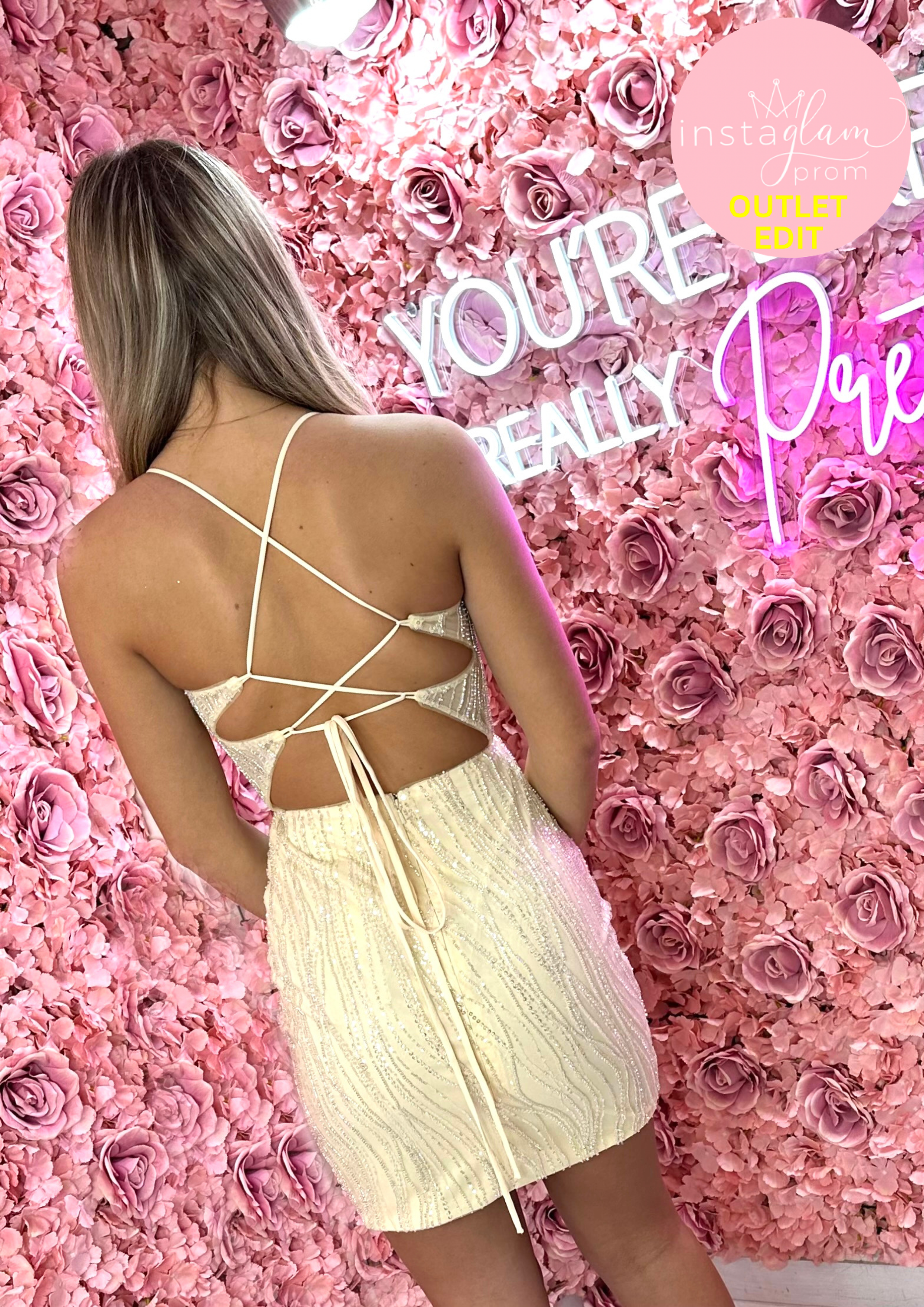Short beaded fitted dress and corset back- Style AF1408-S