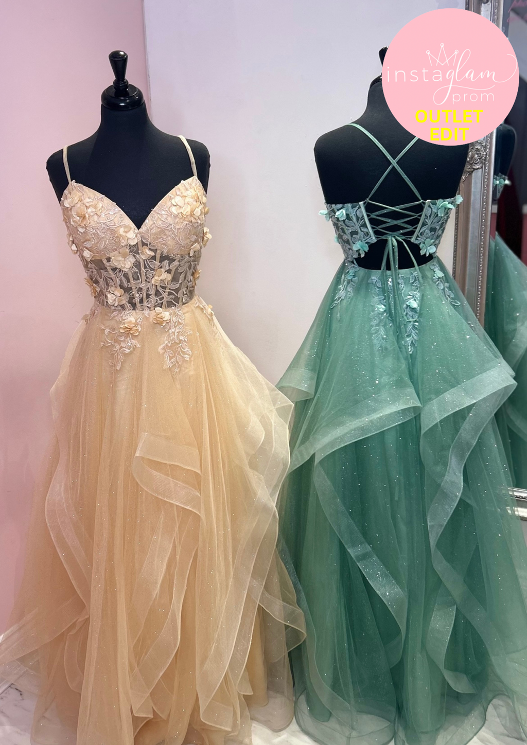Ruffled ballgown prom / evening dress with boned sheer bodice, corset back and flower embellishments - Style E8158