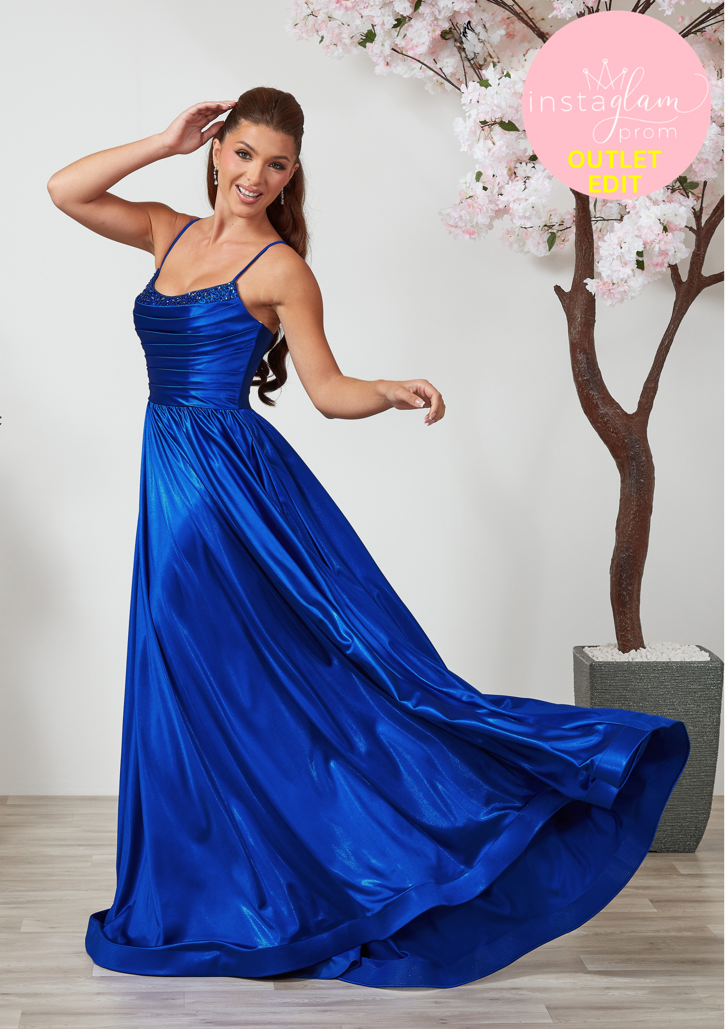 Aline satin Prom dress with round neck, boned bodice and leg split- Style AF6455