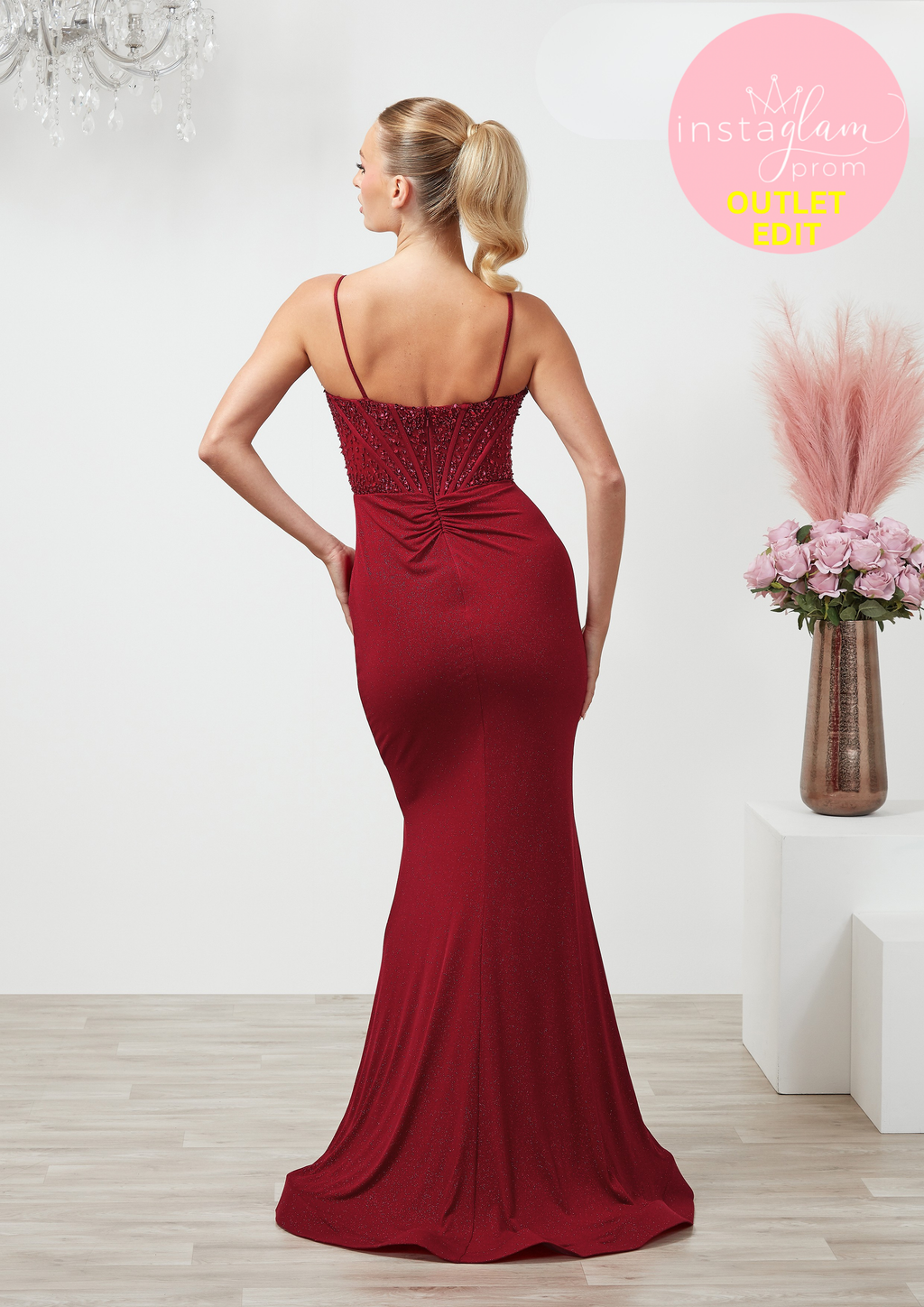 Fitted glitter fabric prom dress with boned beaded bodice, zip back and leg split- Style AF6487