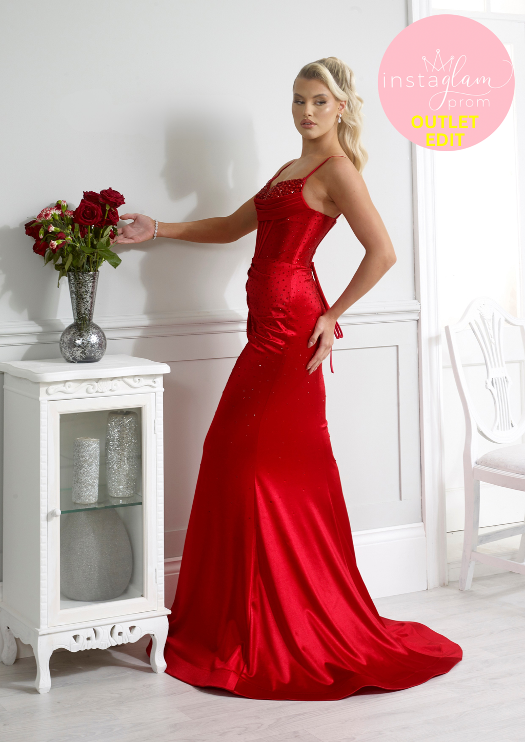 Satin fitted Prom dress with corset back, hot fix detail and leg split- Style AF3307