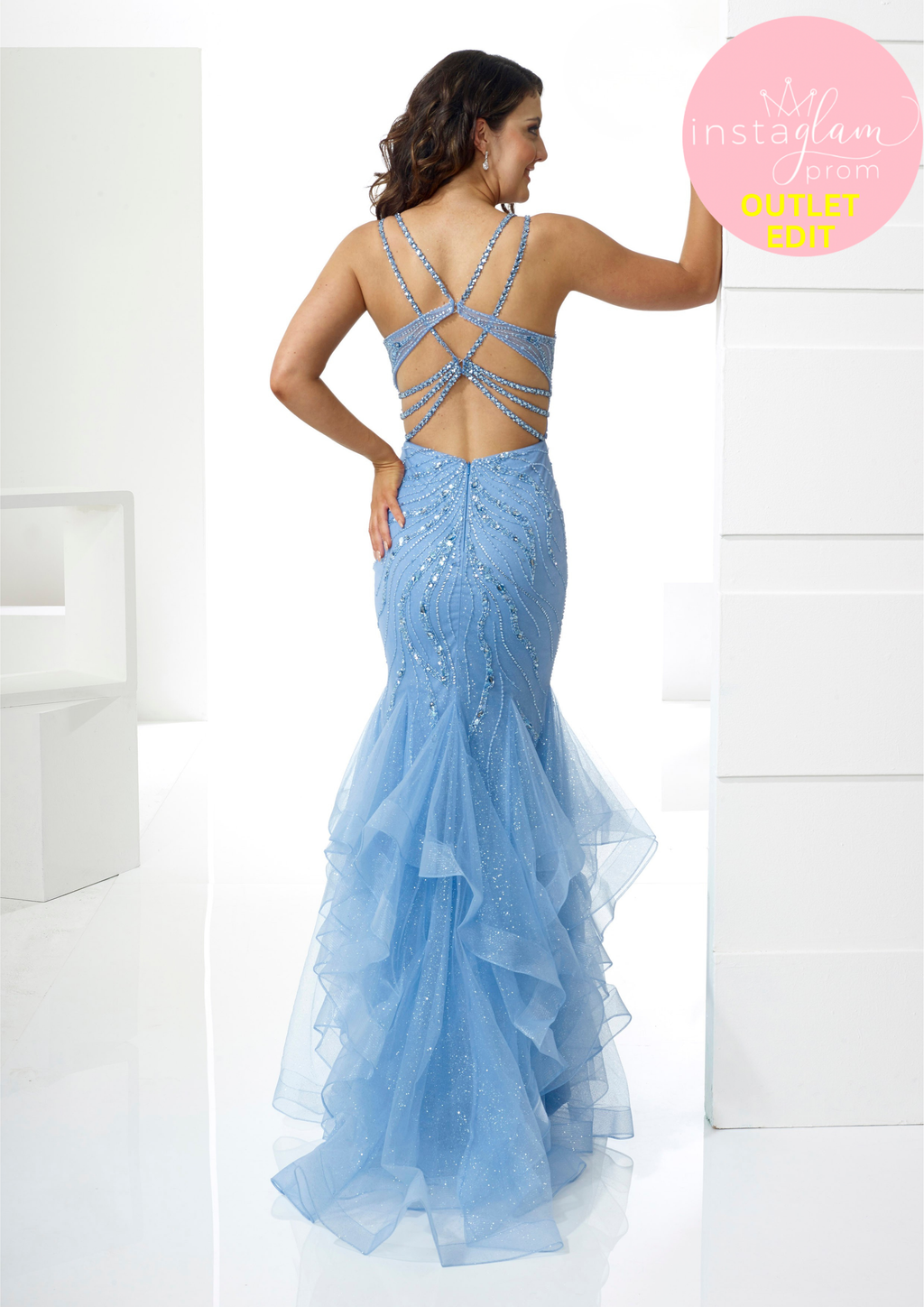 Ruffled Fishtail Prom dress with sheer bodice, beaded detail and statement back detail- Style AF21307